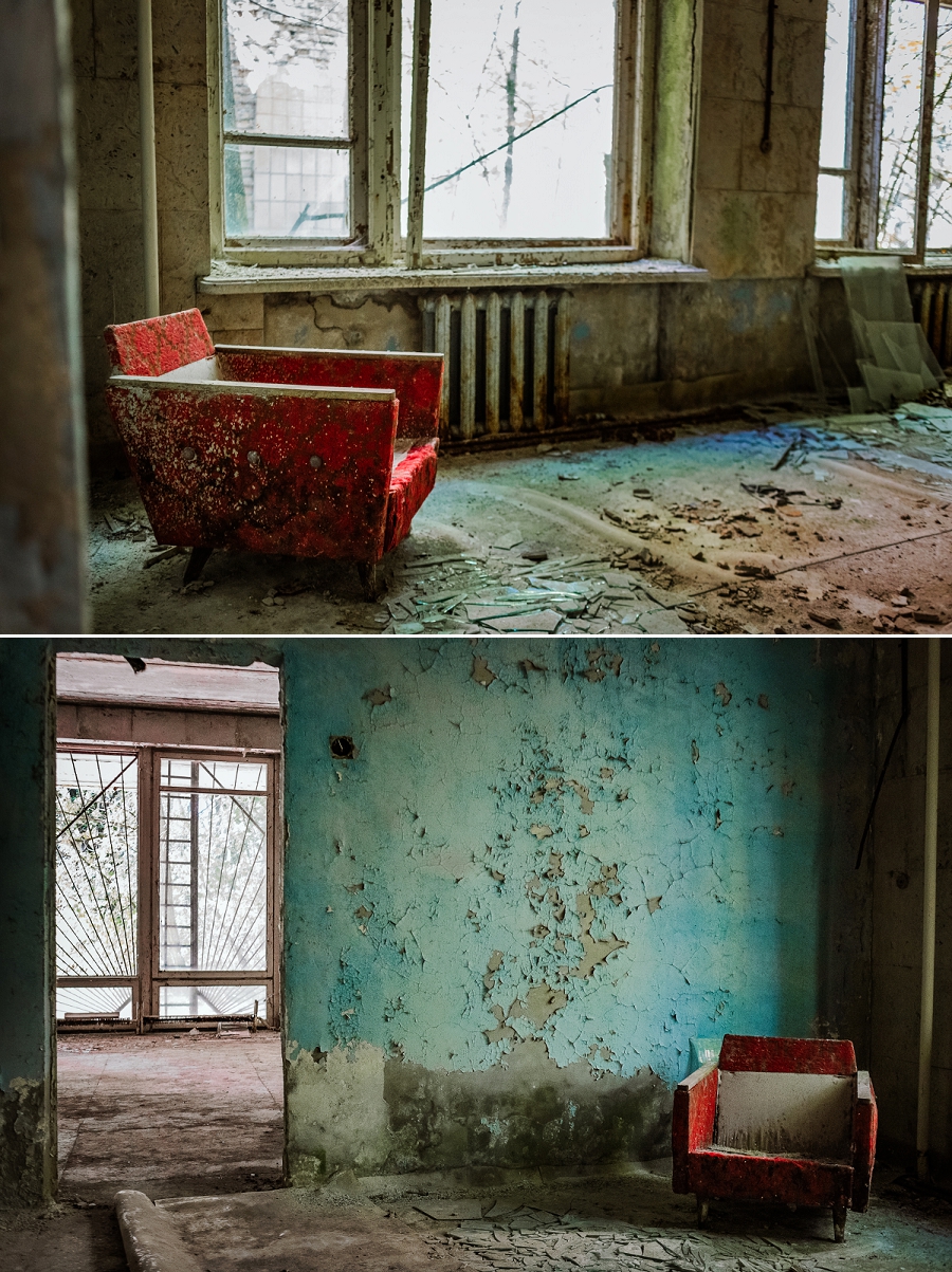 red chair in blue room in chernobyl