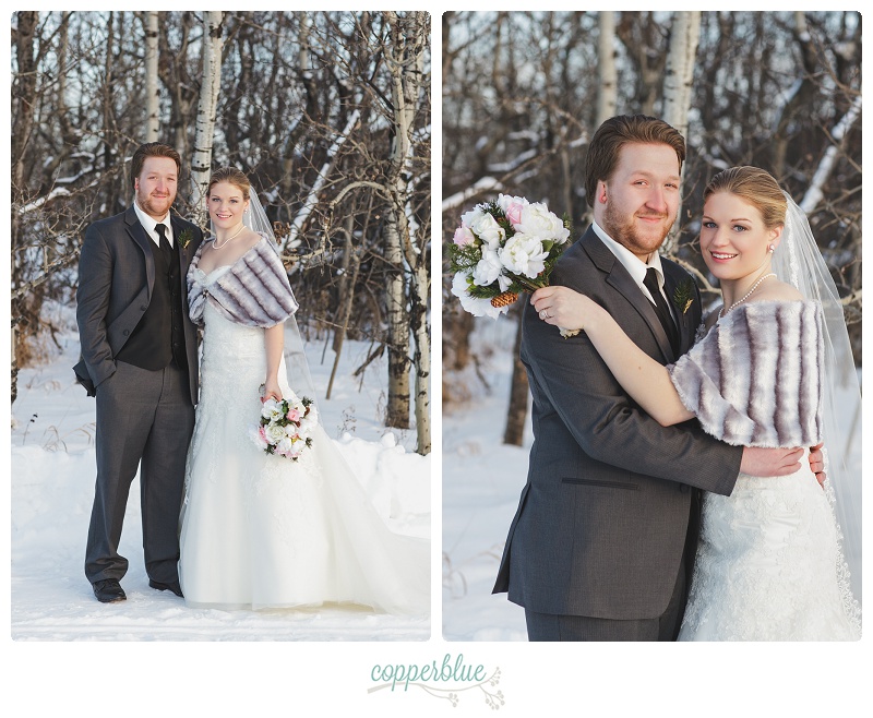 Winter farm wedding bride and groom