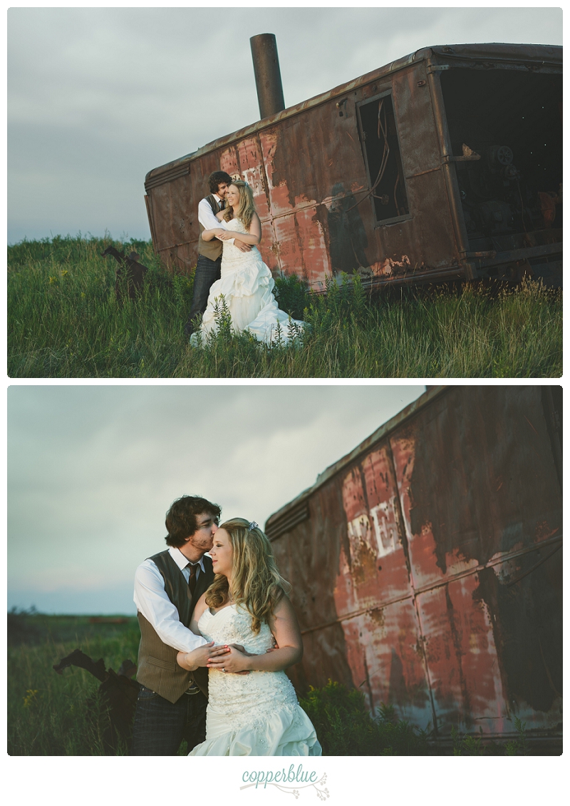 Abandoned train with bride and groom