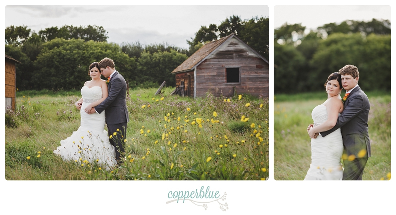 Bride and groom at abandoned farm