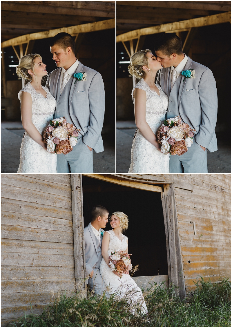 bride and groom in barn