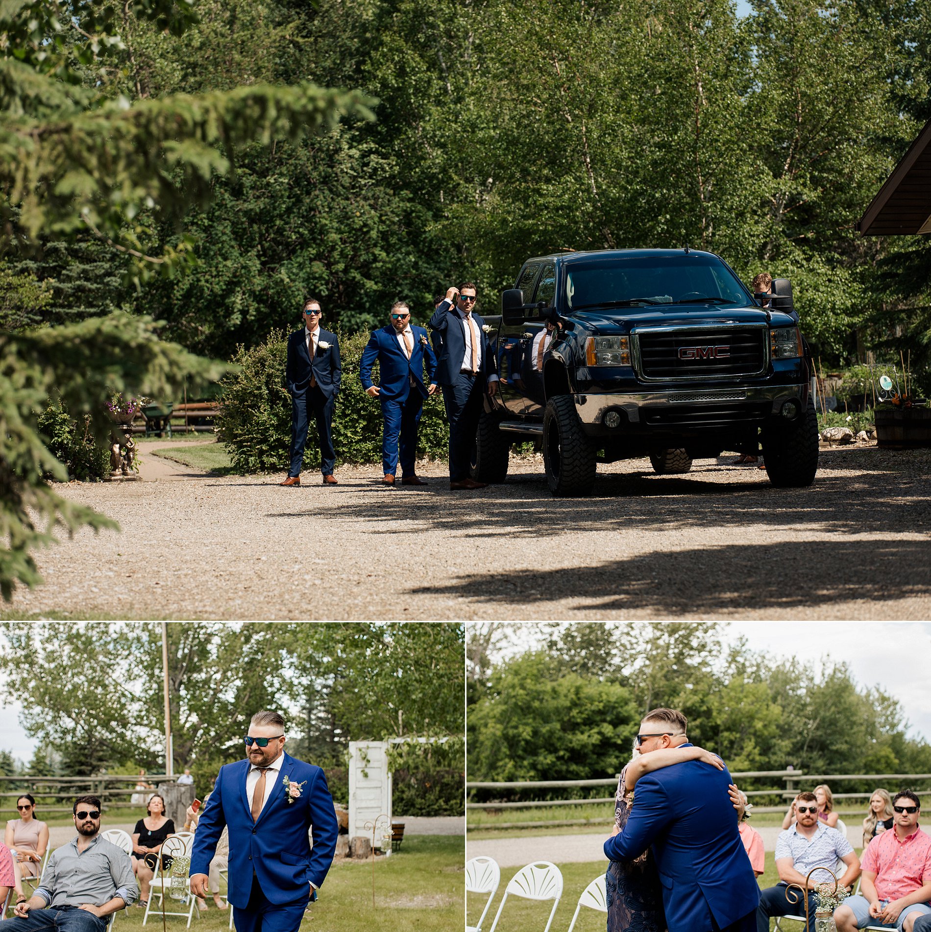 The groom arrives for his backyard wedding in Prince Albert.