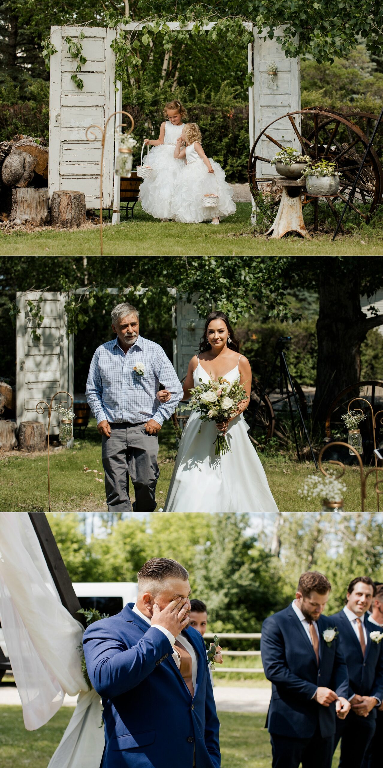 The bride walks down the aisle to her emotional groom in an outdoor wedding ceremony on a very sunny hot day.