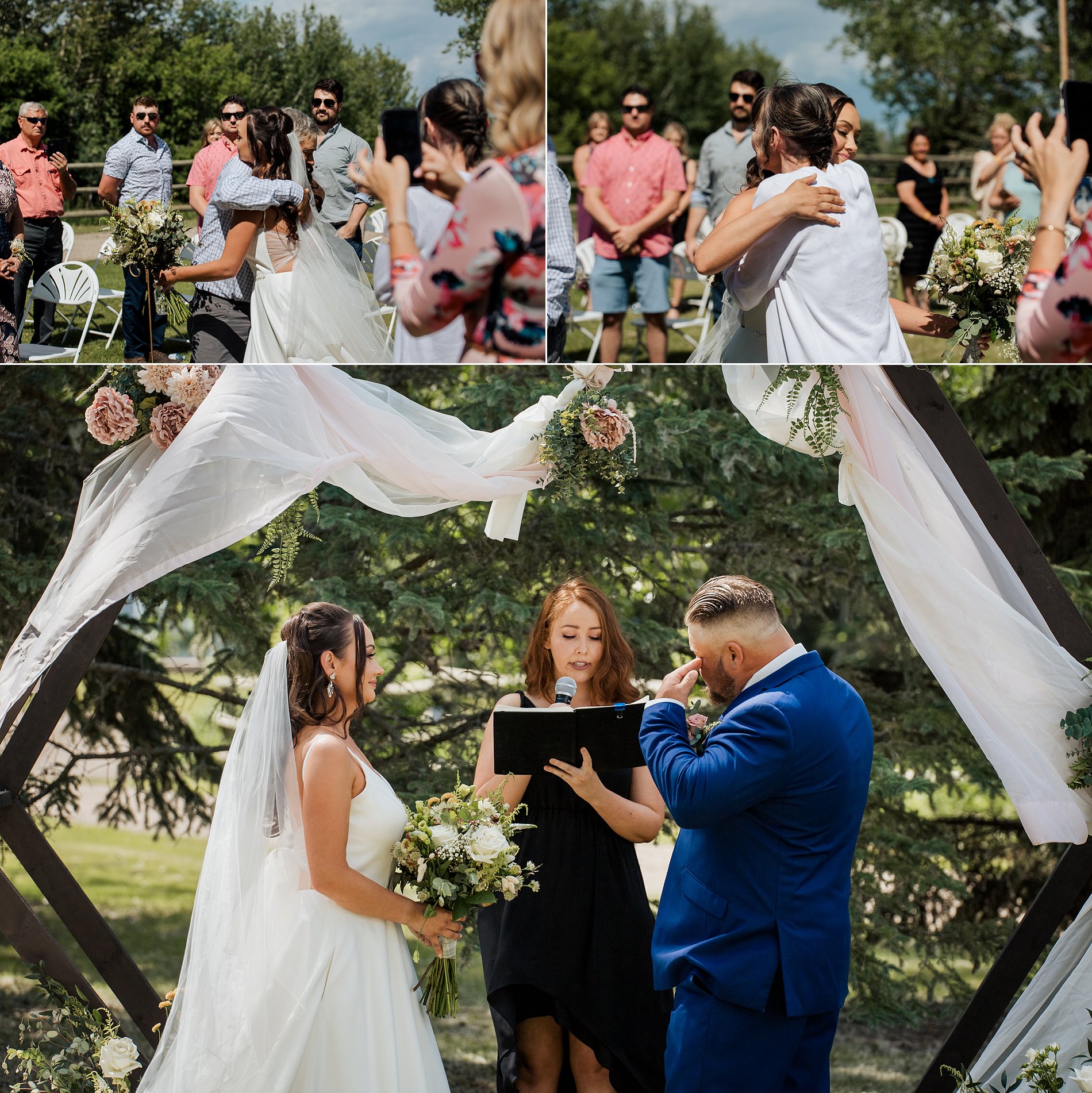 The bride and groom share an emotional moment at their backyard wedding.