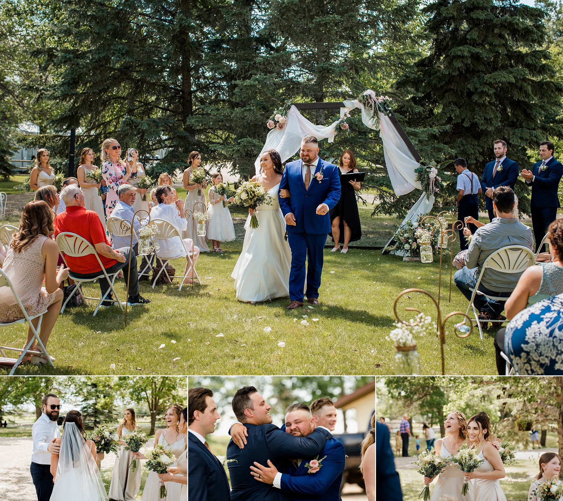 Bride and groom are congratulated by their loved ones after their backyard wedding ceremony.