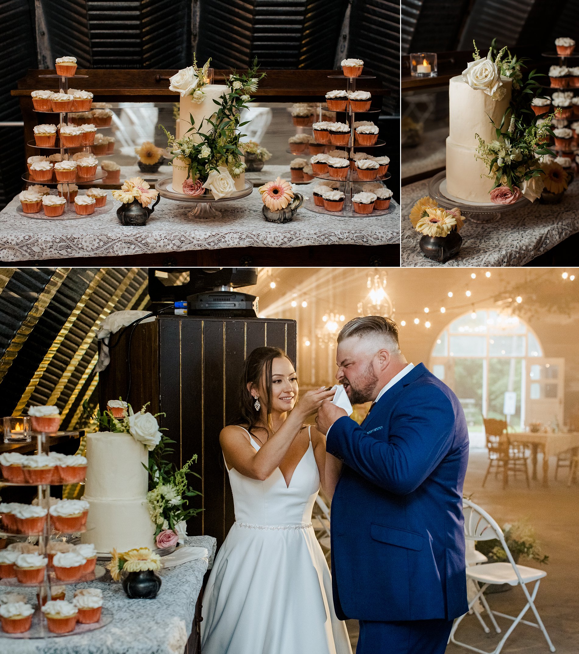 Bride and groom cut their rustic wedding cake at their intimate wedding reception.