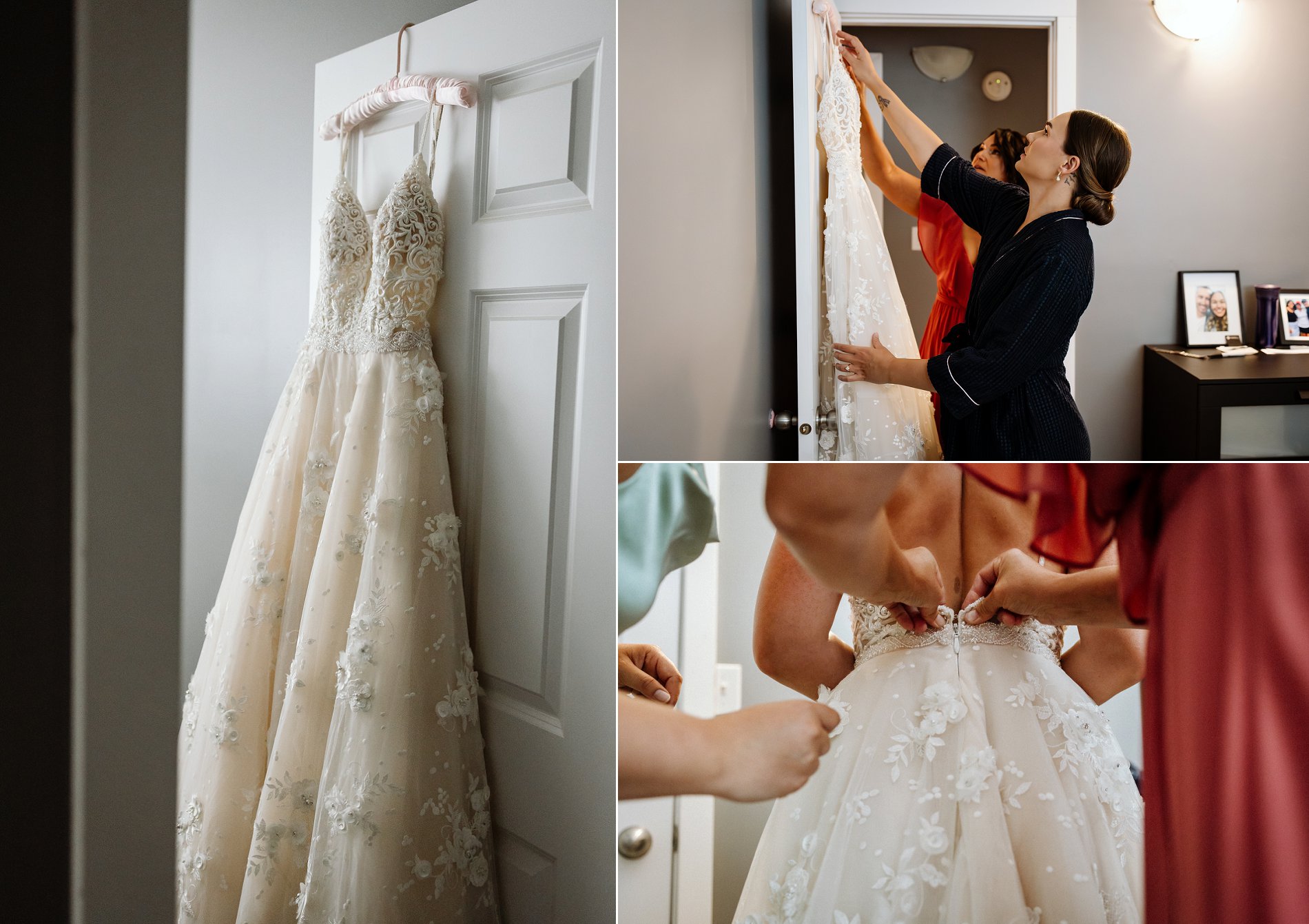 A bride's mother helps her into her wedding dress.