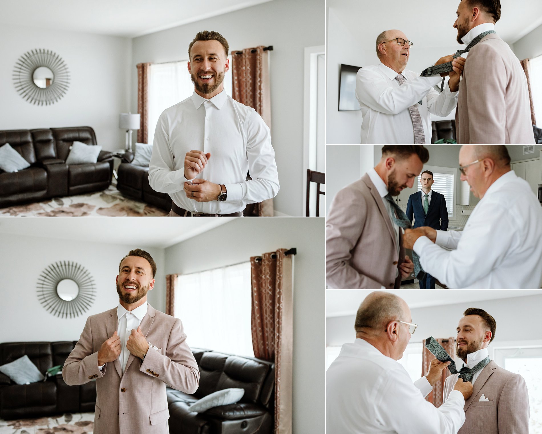 A Saskatoon groom in a pink suit gets ready for his backyard wedding, his father helping with his tie.