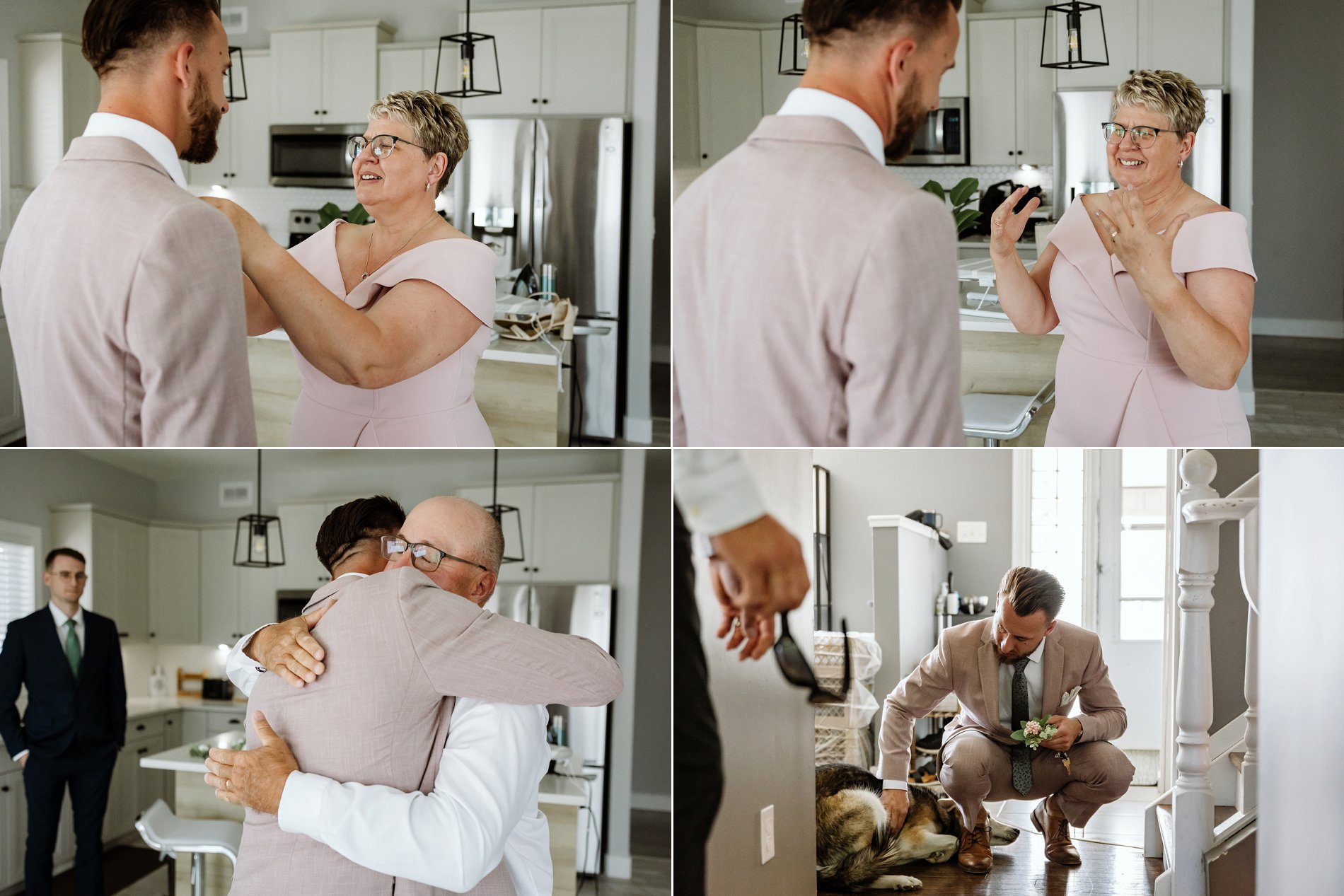 A groom's mom helps with his tie as he prepares for his backyard wedding in Saskatoon.