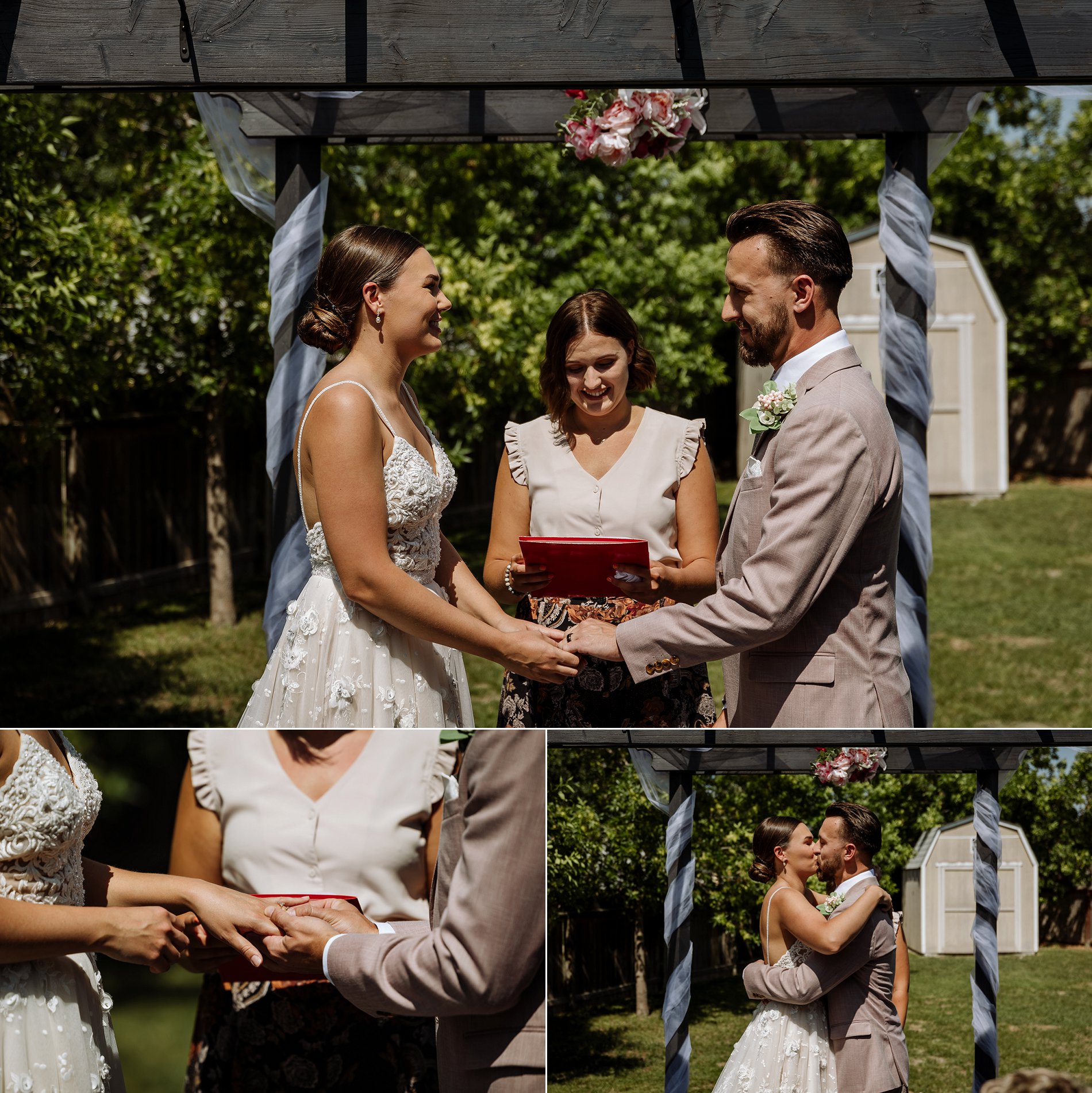 Saskatoon bride and groom share their first kiss at their backyard outdoor wedding ceremony.