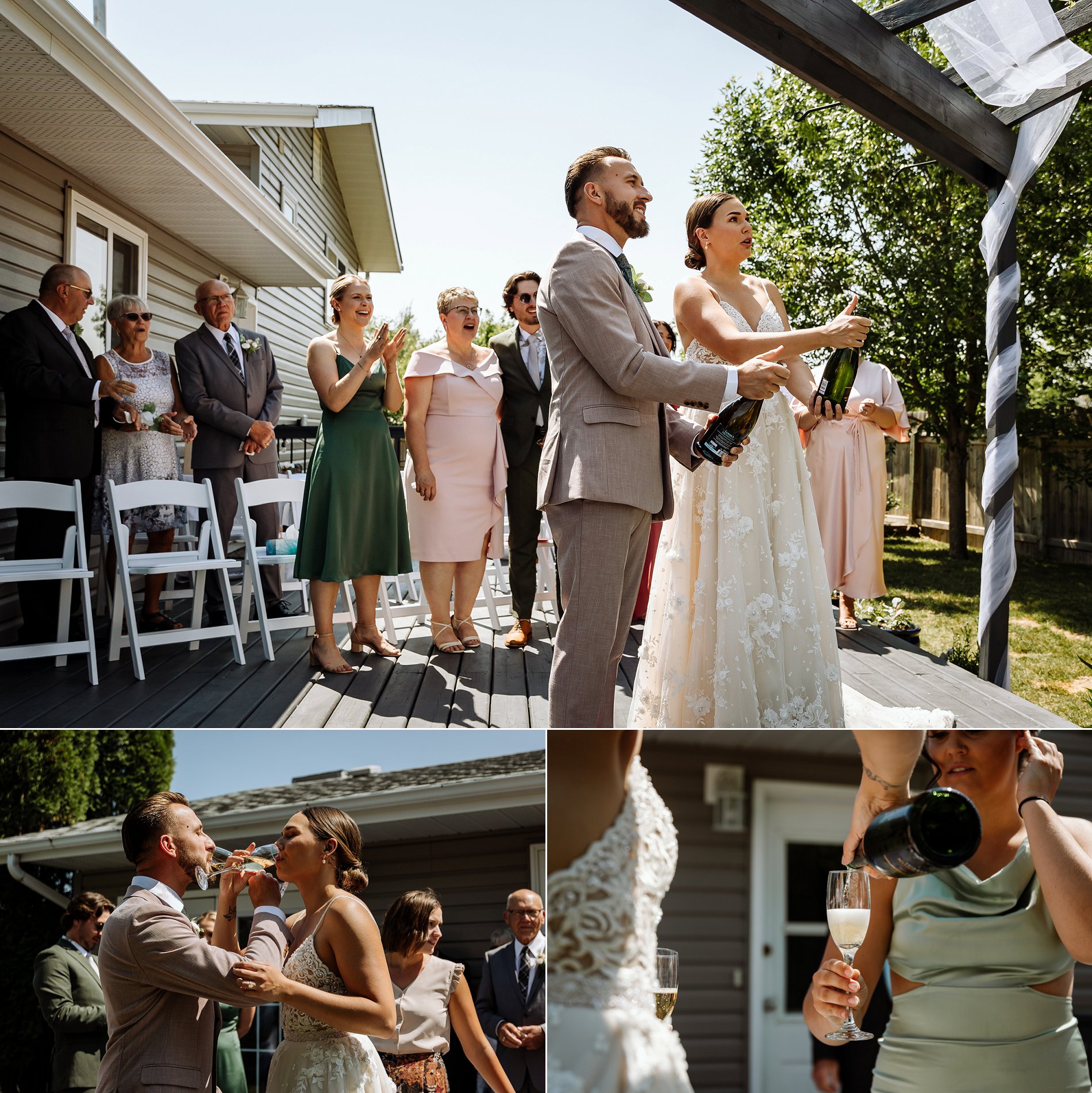 Bride and groom pop the cork on a bottle of champagne to celebrate their outdoor wedding.