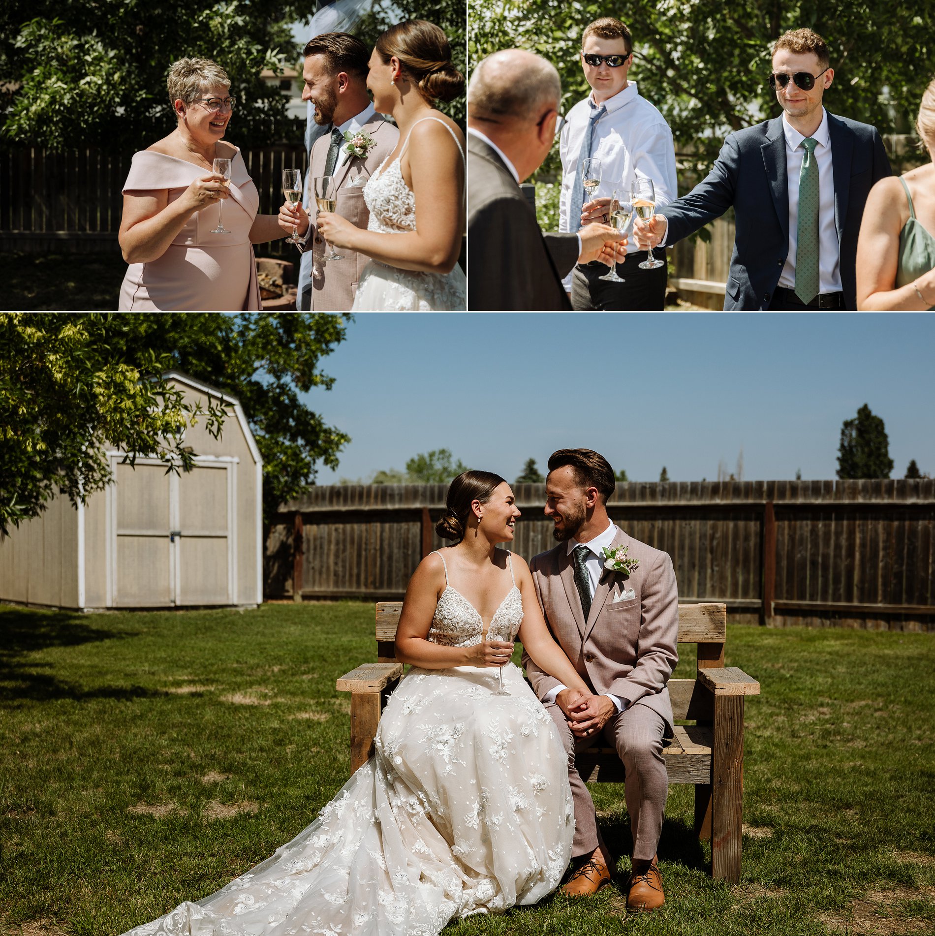 Saskatoon bride and groom share champagne with their family at their backyard wedding reception.