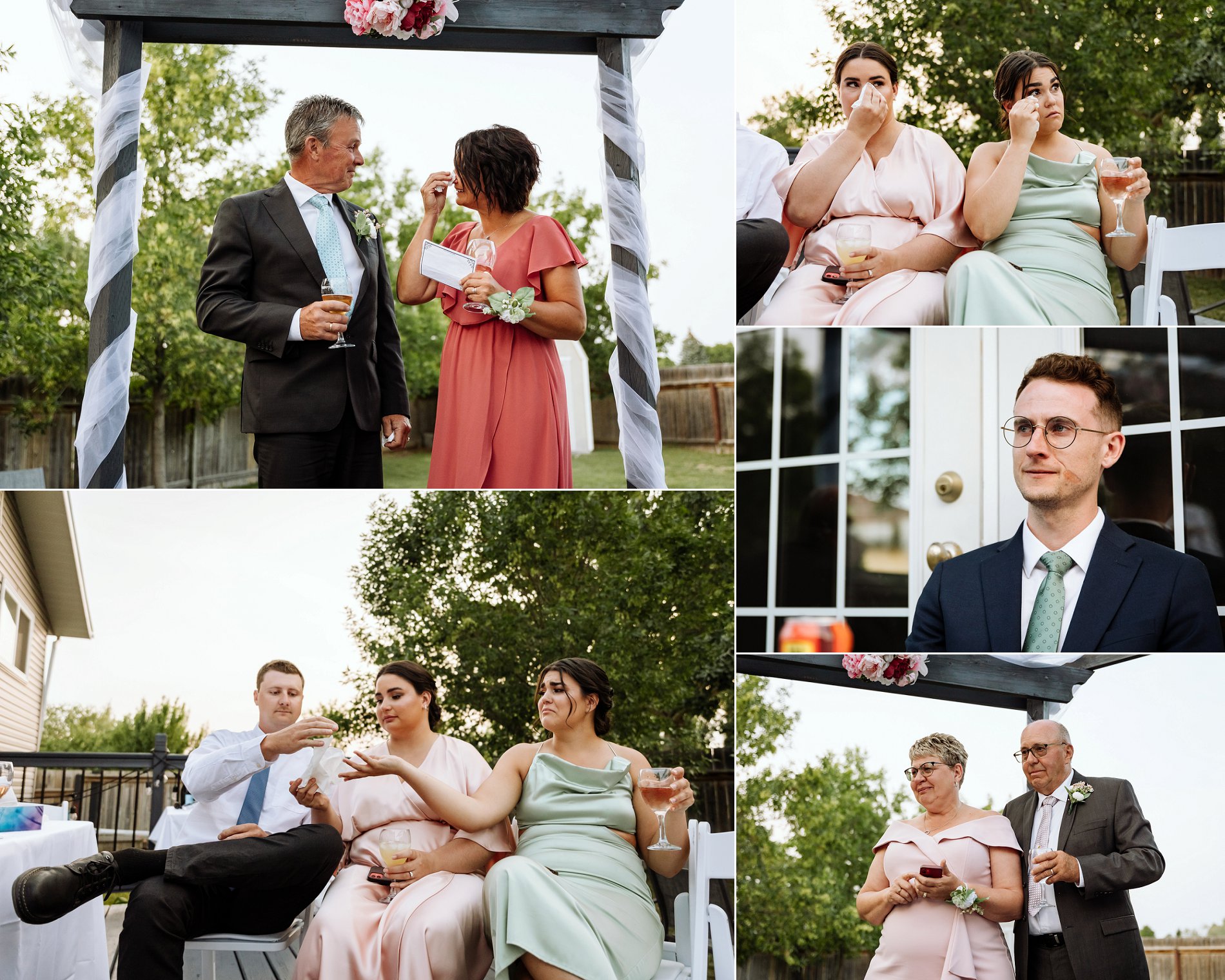 Emotional speeches at a Saskatoon outdoor wedding during golden hour.