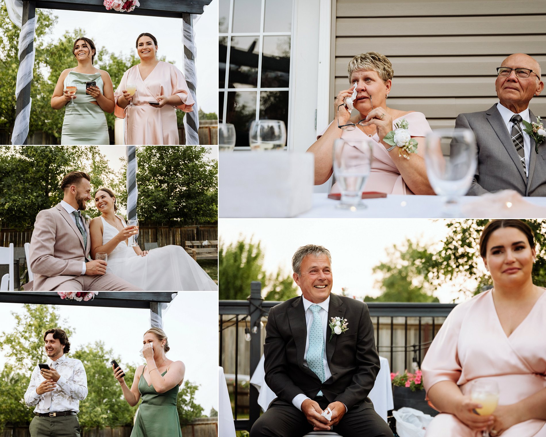 Candid speeches at a Saskatoon outdoor wedding reception at golden hour.