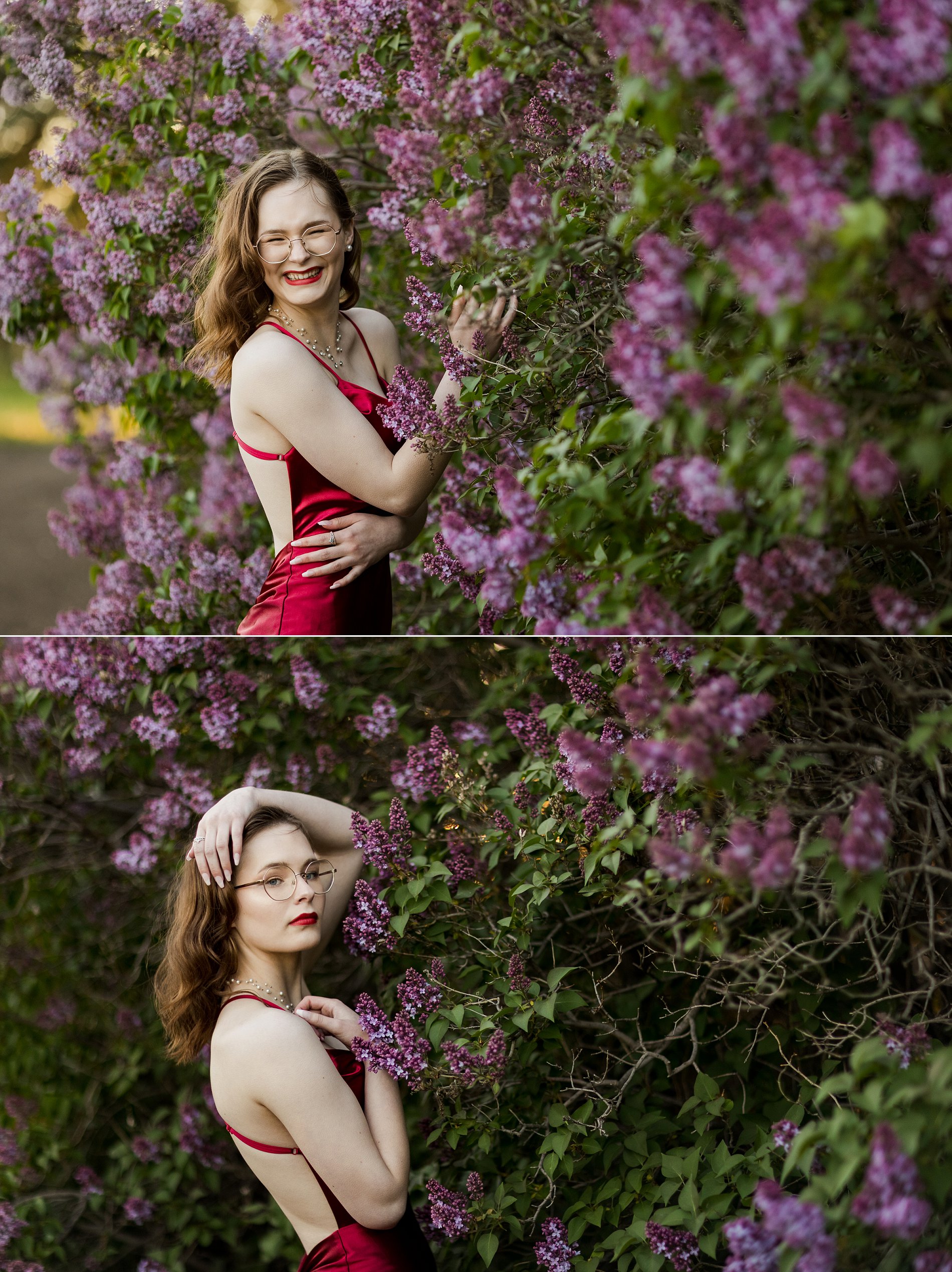 Spring graduation photos in Saskatoon, with a high school grad surrounded by lilacs.