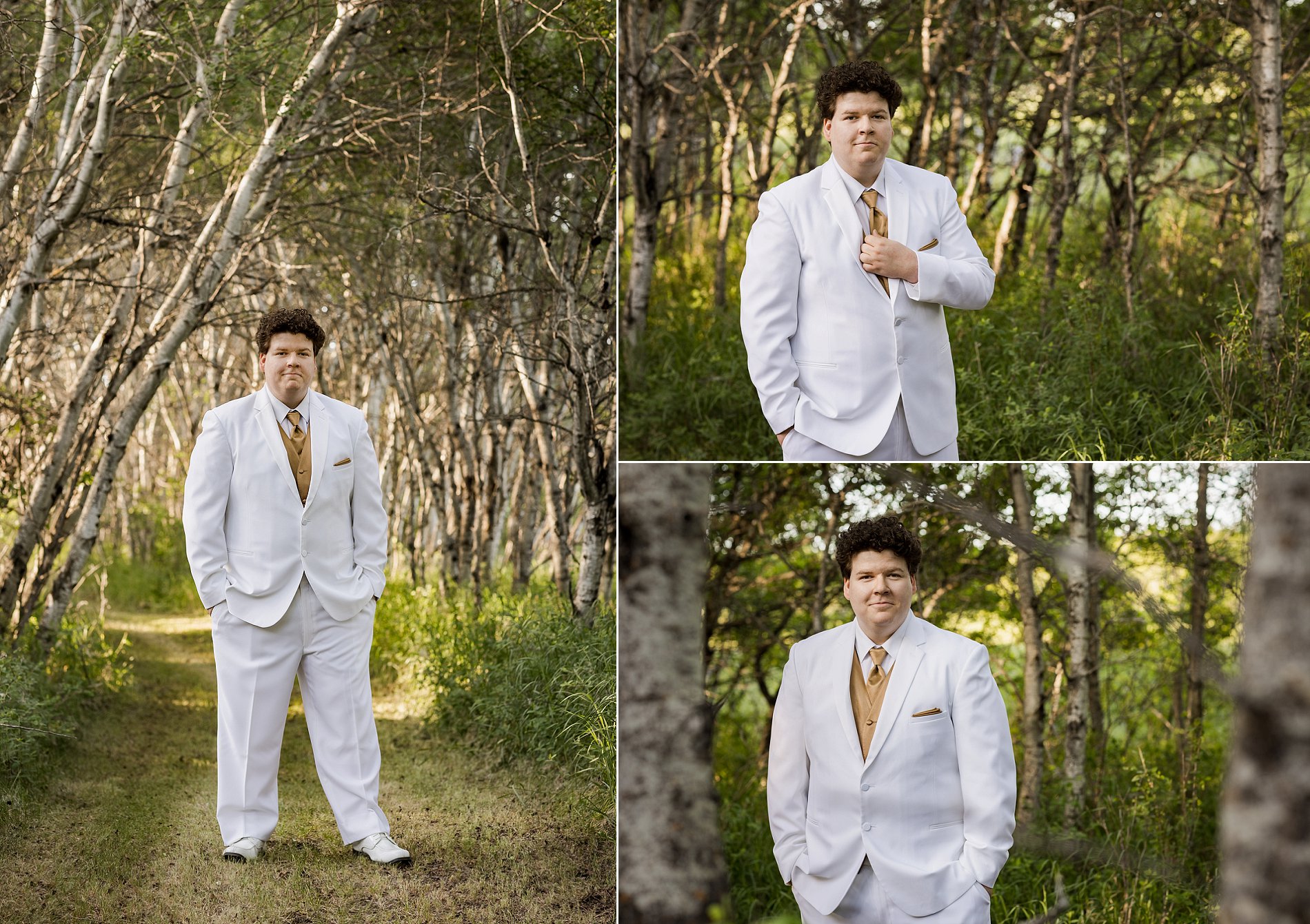 Delisle Composite High School graduate in a white suit with gold accessories, standing on a path in the trees.