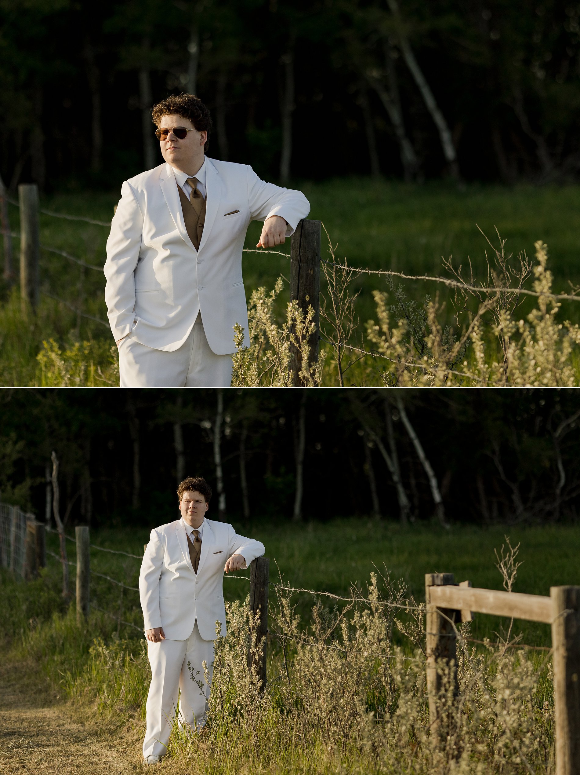 High school senior boy in an all-white suit, leaning against a fencepost for his Delisle Composite High School graduation photos.