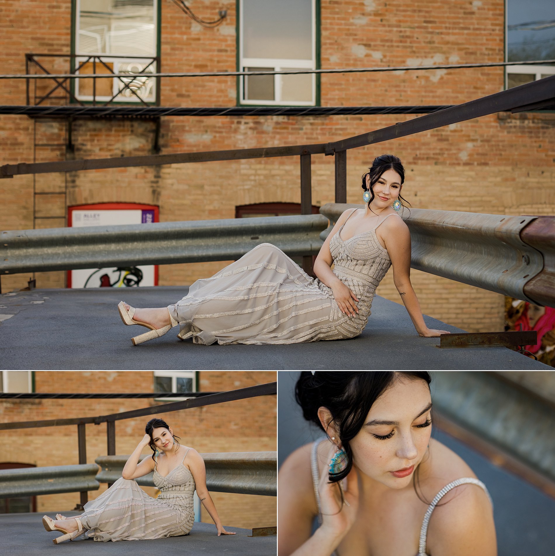 Grad photos on top of a parking garage in front of a brick building in downtown Saskatoon.