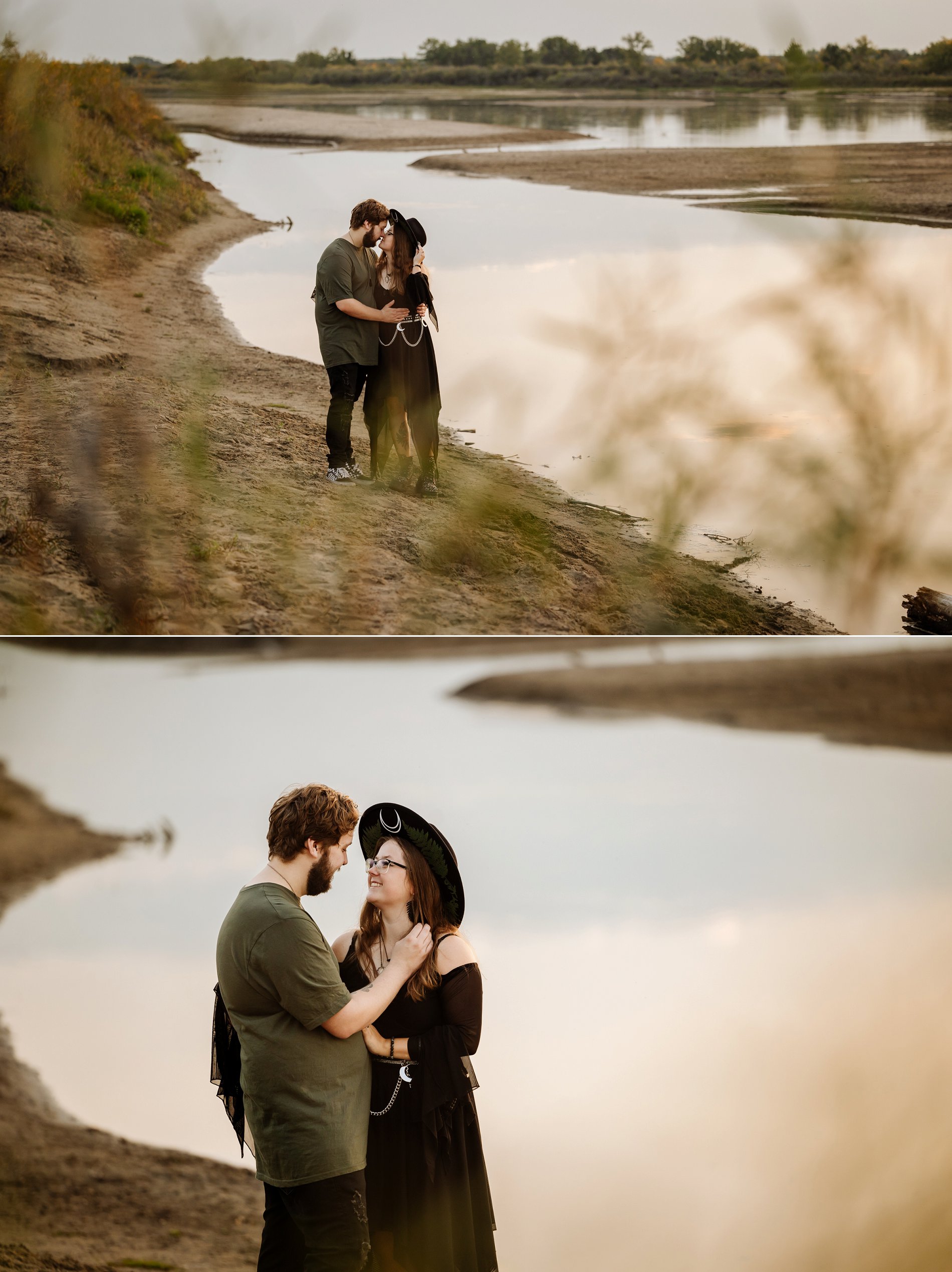Golden hour engagement photos by the river at Chief Whitecap Park in Saskatoon