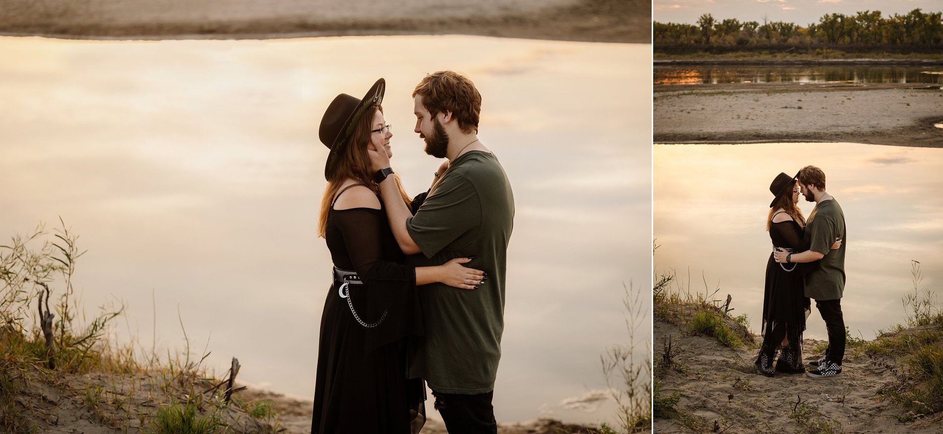 Sunset engagement photos at the South Saskatchewan River along the Meewasin Trail