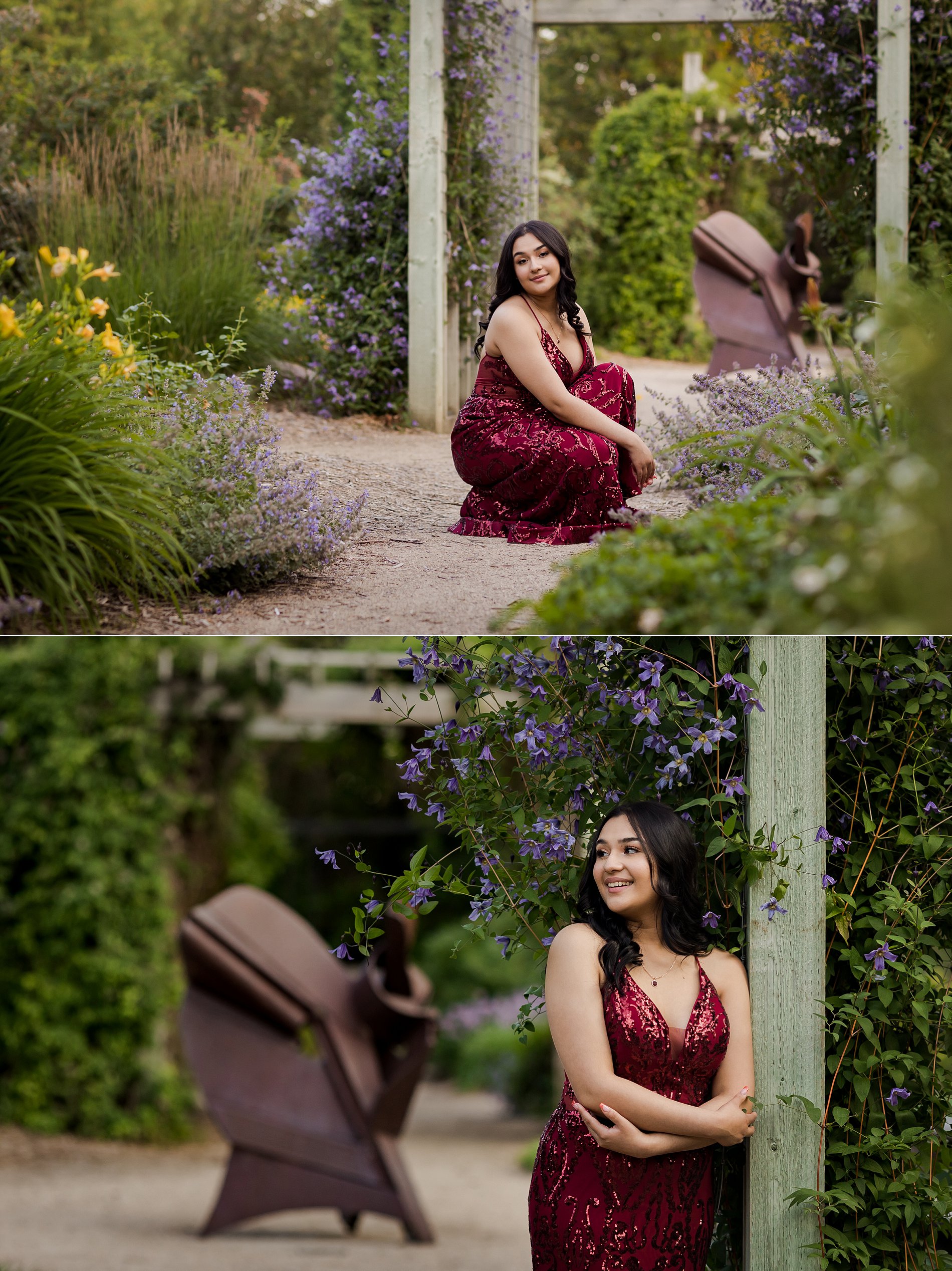 Graduation photos in a garden of colorful flowers at the Forestry Farm in Saskatoon.