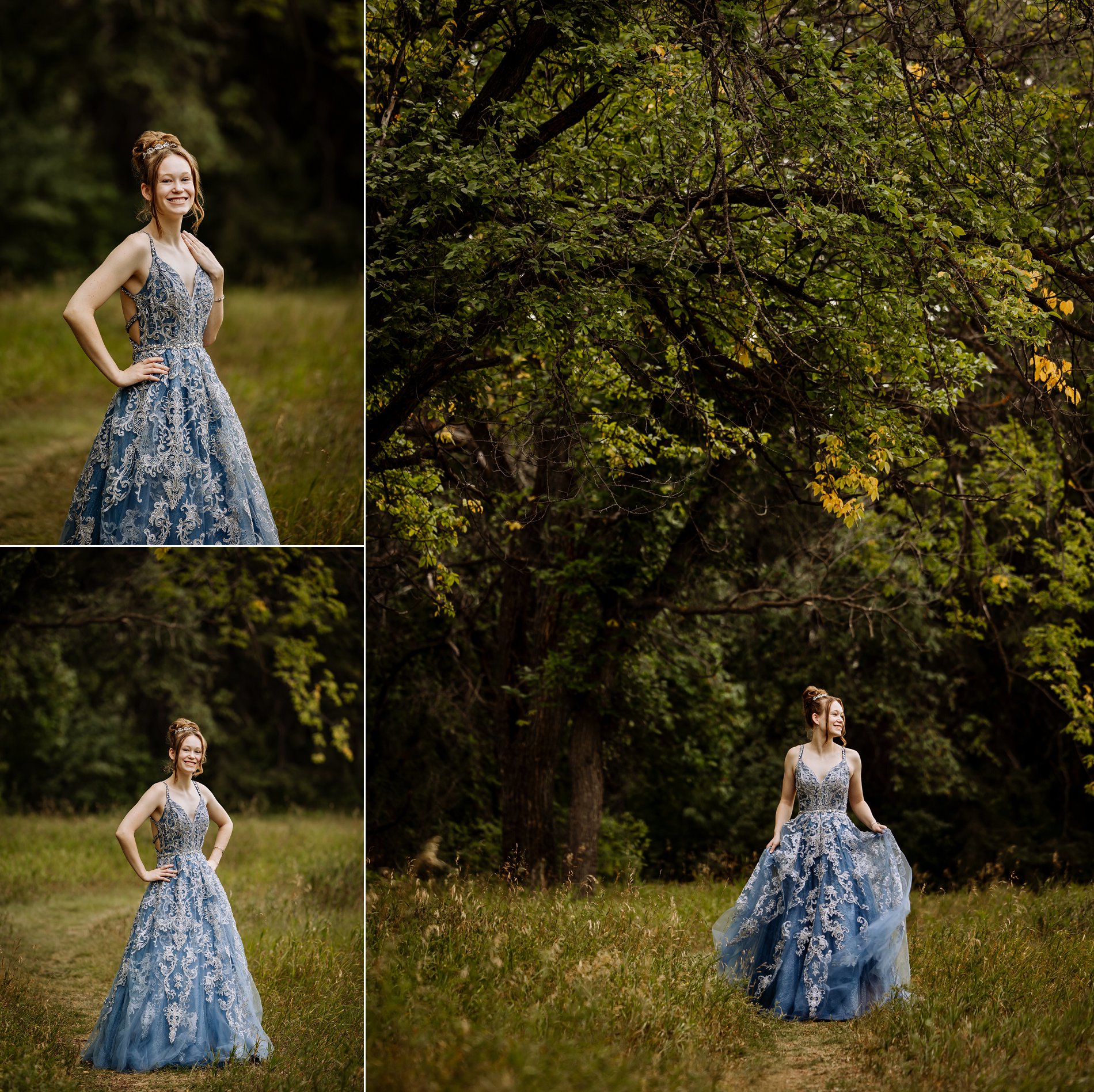 Holy Cross High School graduate in blue dress and tiara stands in a field of tall grass under tall trees.