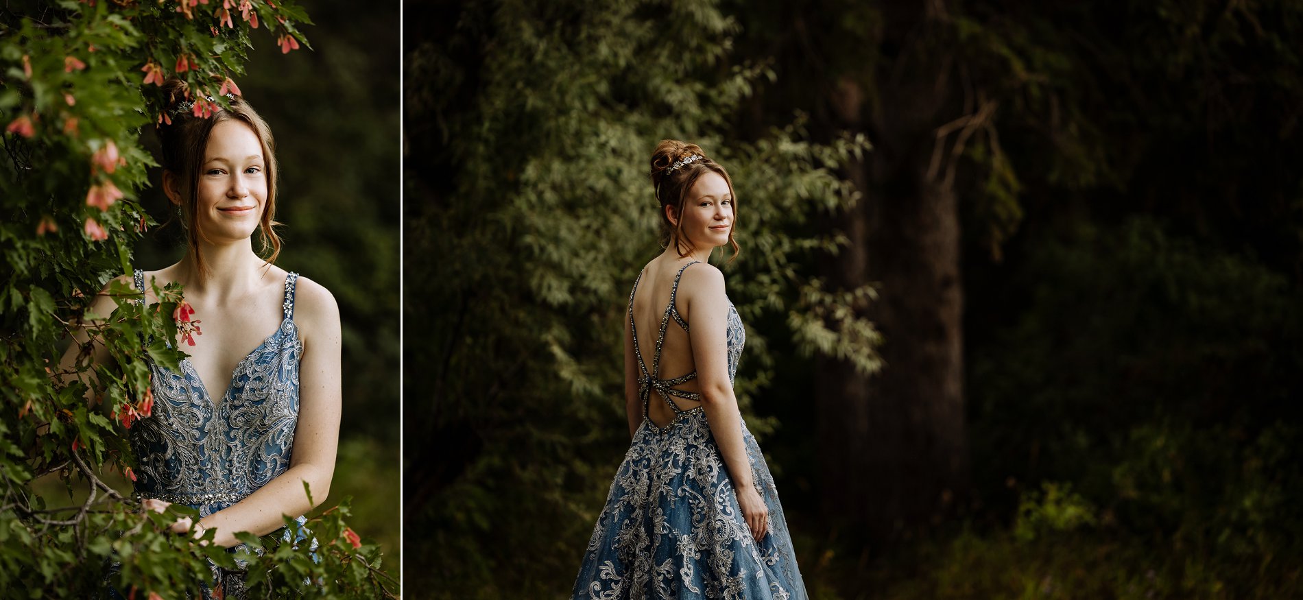 High school girl in blue dress and tiara poses for her graduation photos in a forest with dramatic moody light.