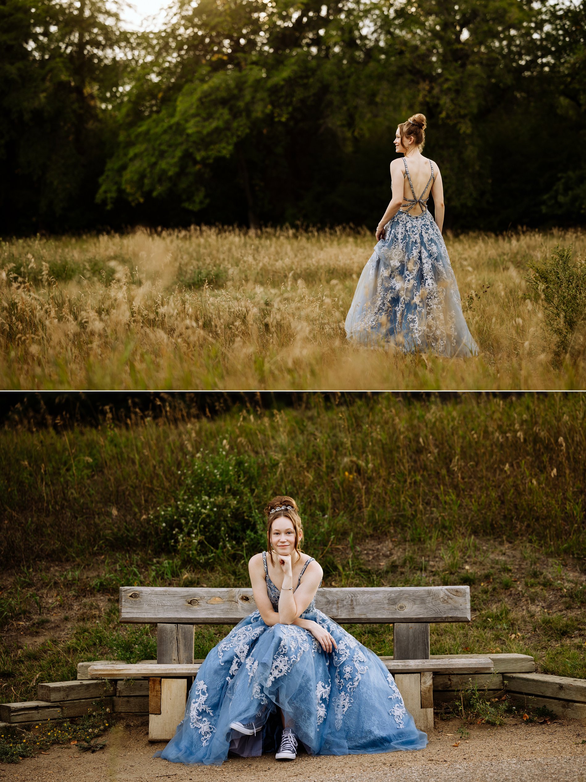 Girl in blue prom gown, tiara, and Converse sneakers stands in a field of tall grass and sits casually on a park bench.