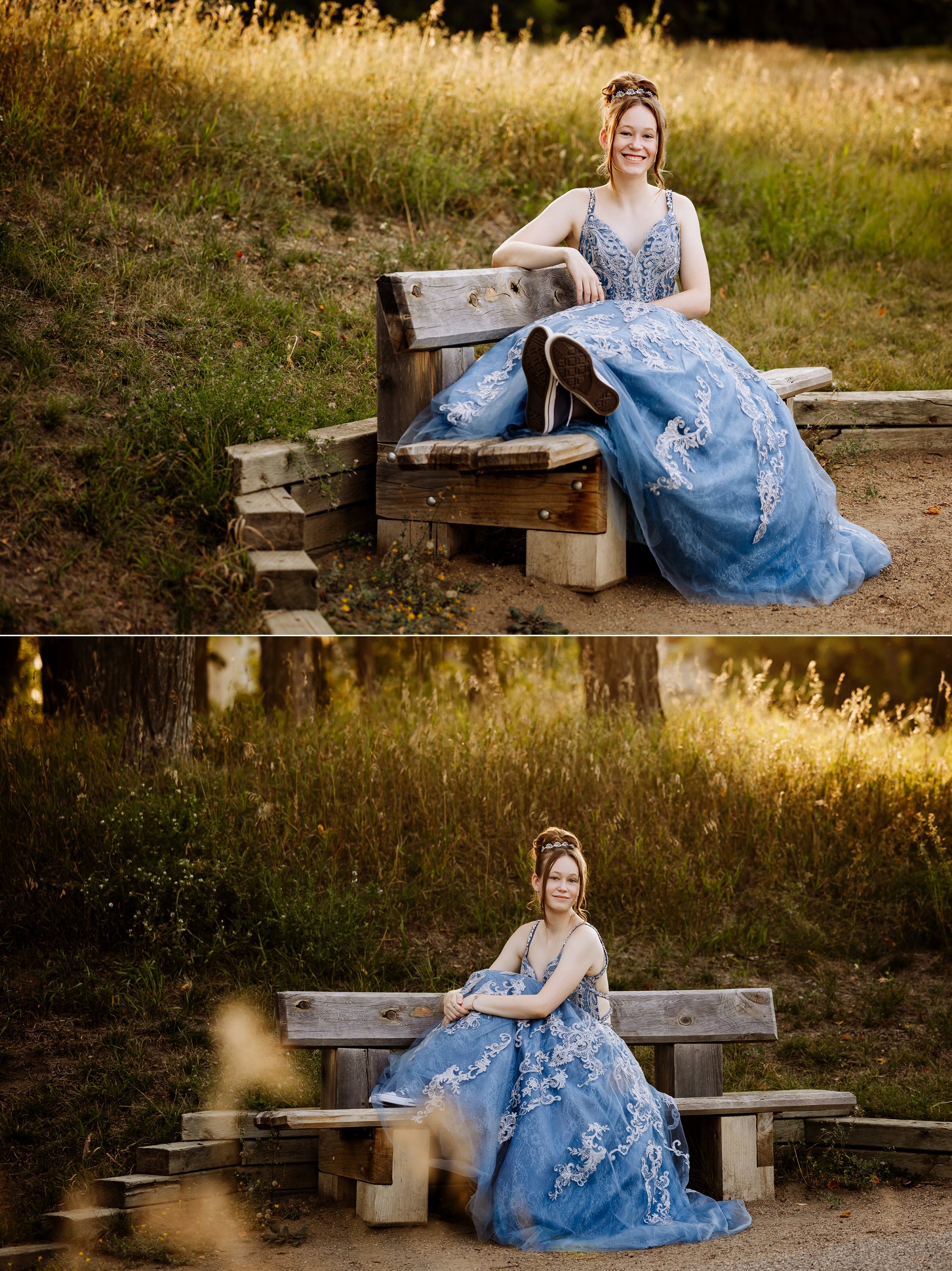 Holy Cross High School graduate in blue grad dress, tiara, and Converse sneakers sits on a park bench for golden hour grad photos in Saskatoon.