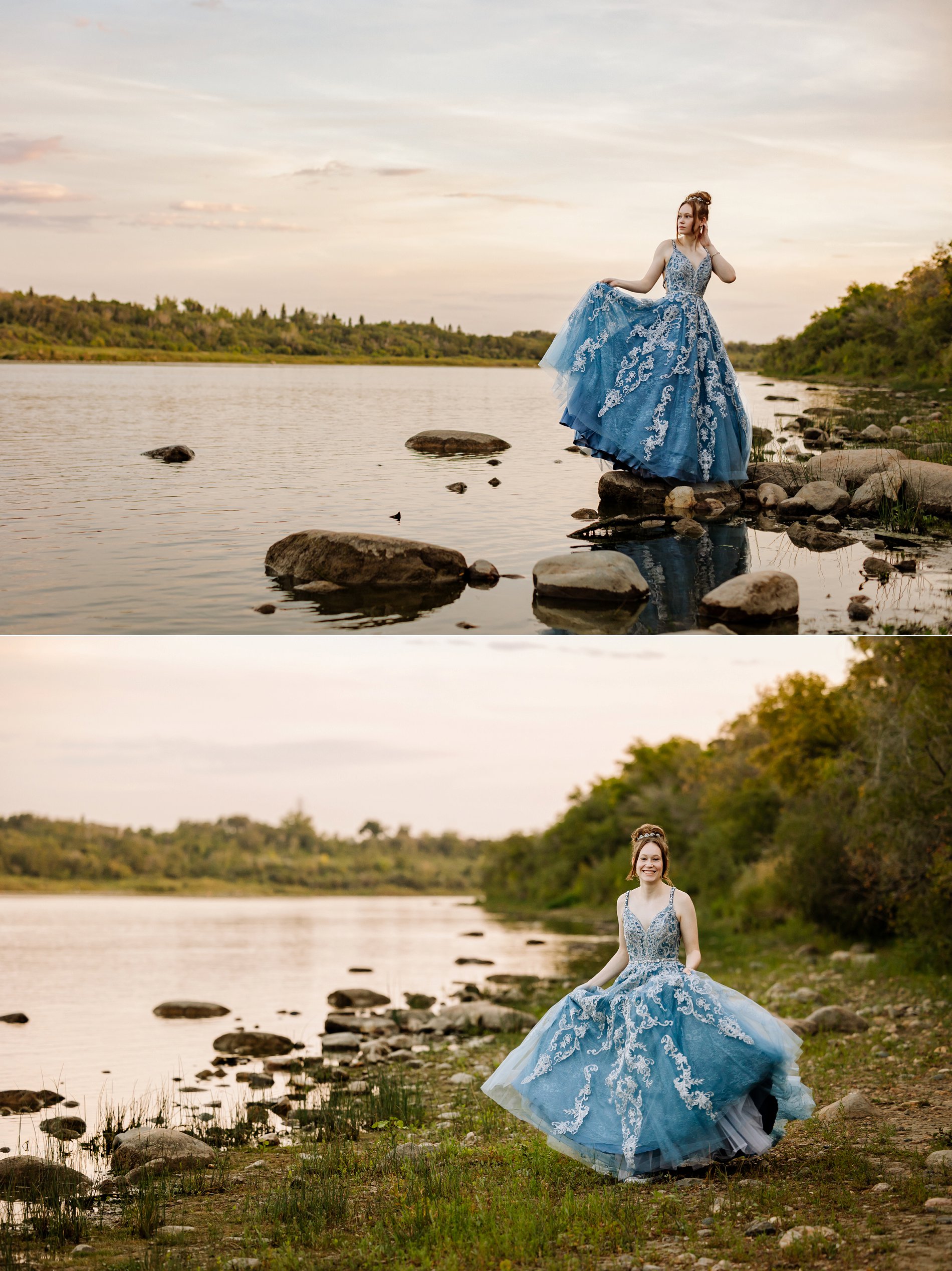 Graduate in a blue ball gown and tiara poses for her grad portraits on the river bank in downtown Saskatoon.