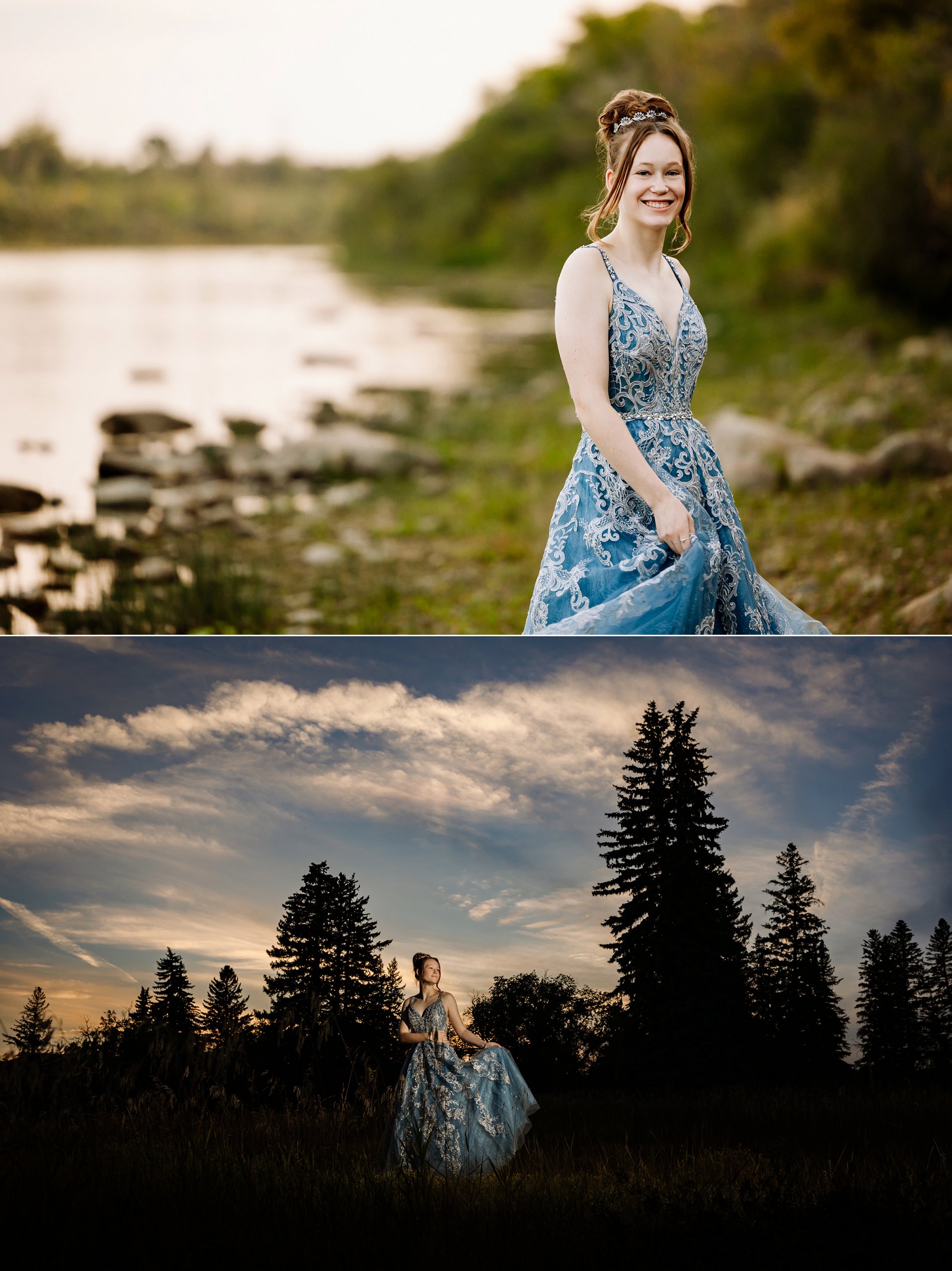 Graduate in a blue ball gown and tiara poses for her grad portraits on the river bank in downtown Saskatoon.