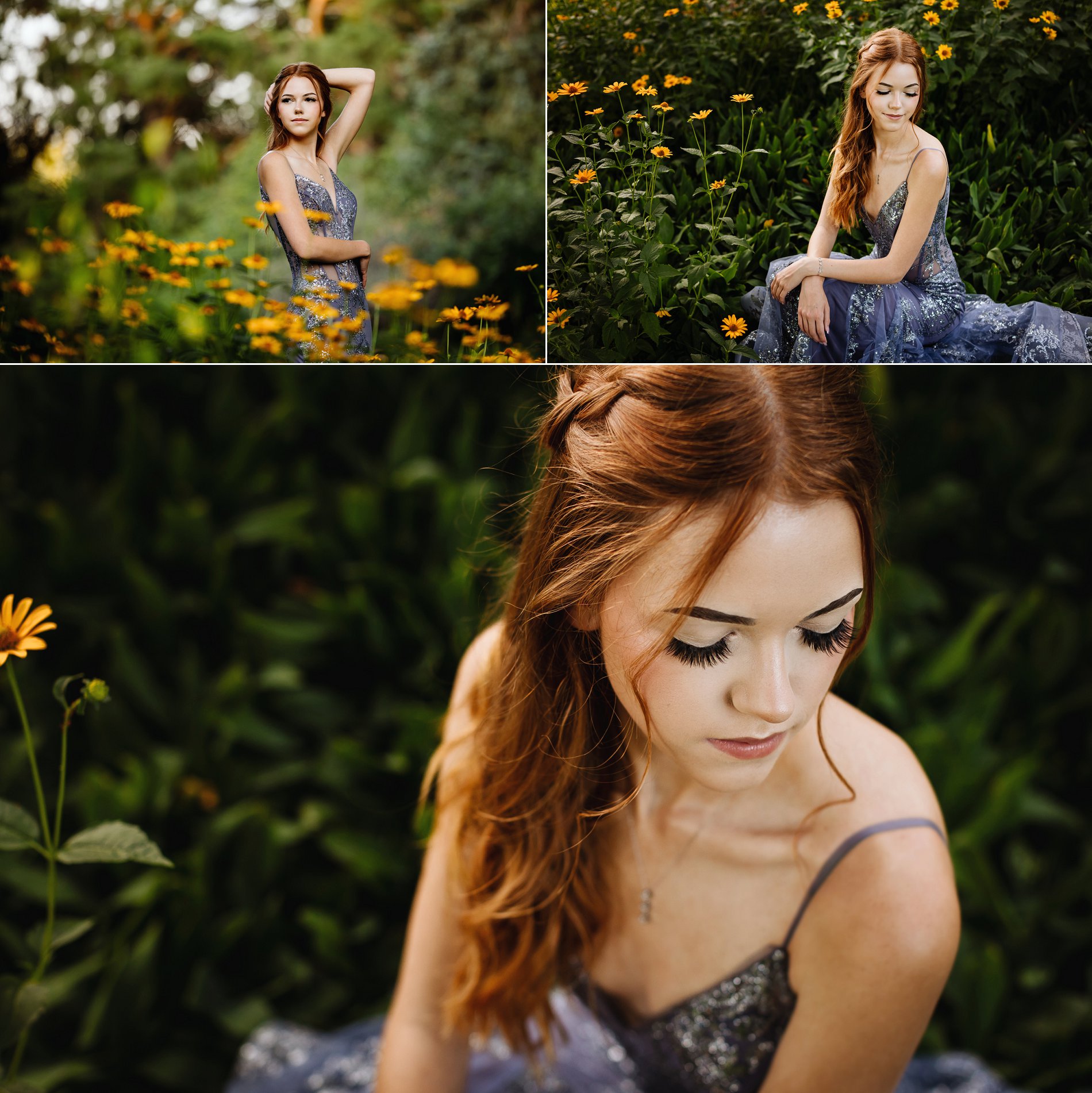 Graduation portraits in a colorful garden of yellow flowers