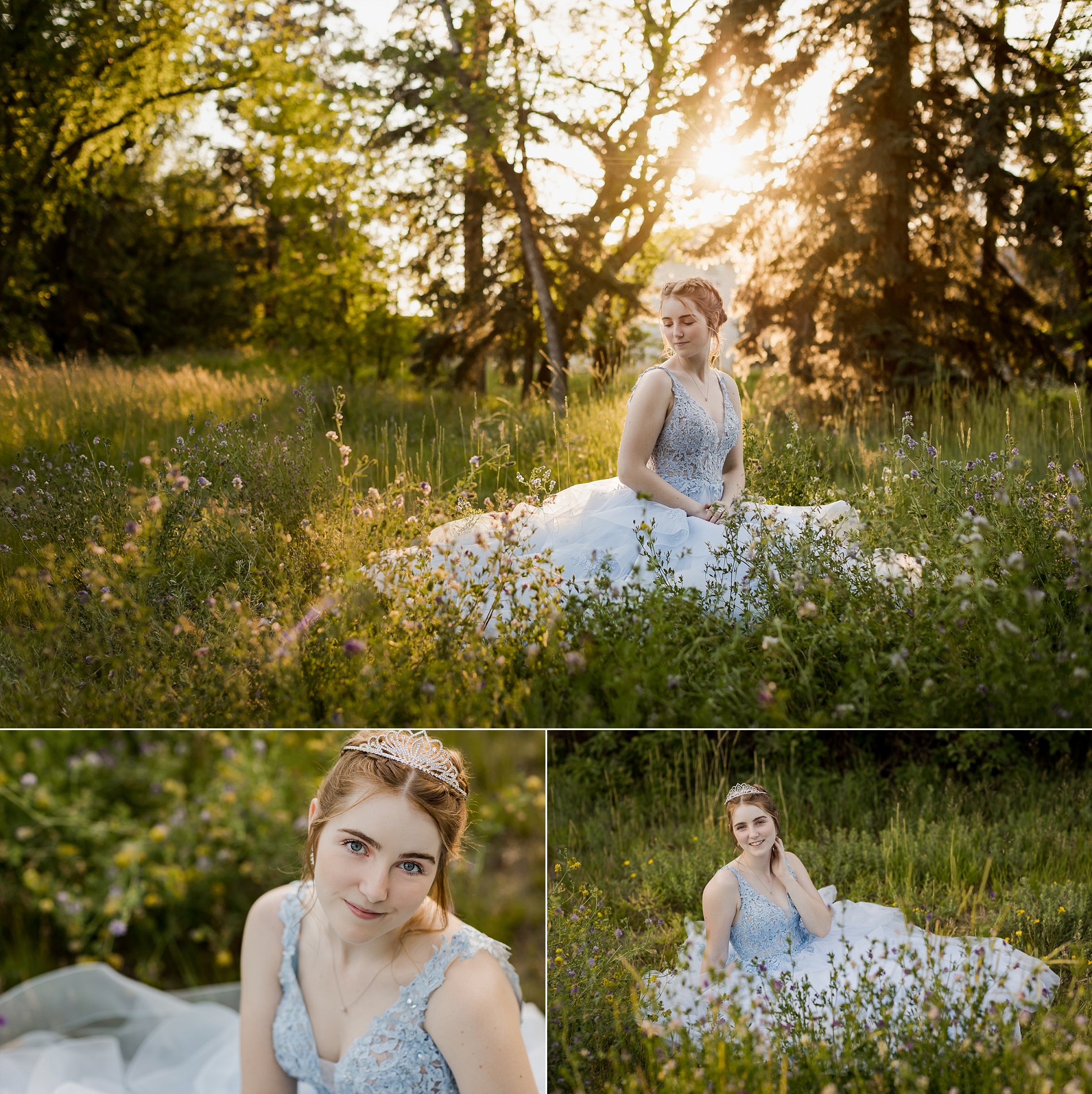 Holy Cross High School graduate sitting in a field of clover at golden hour.