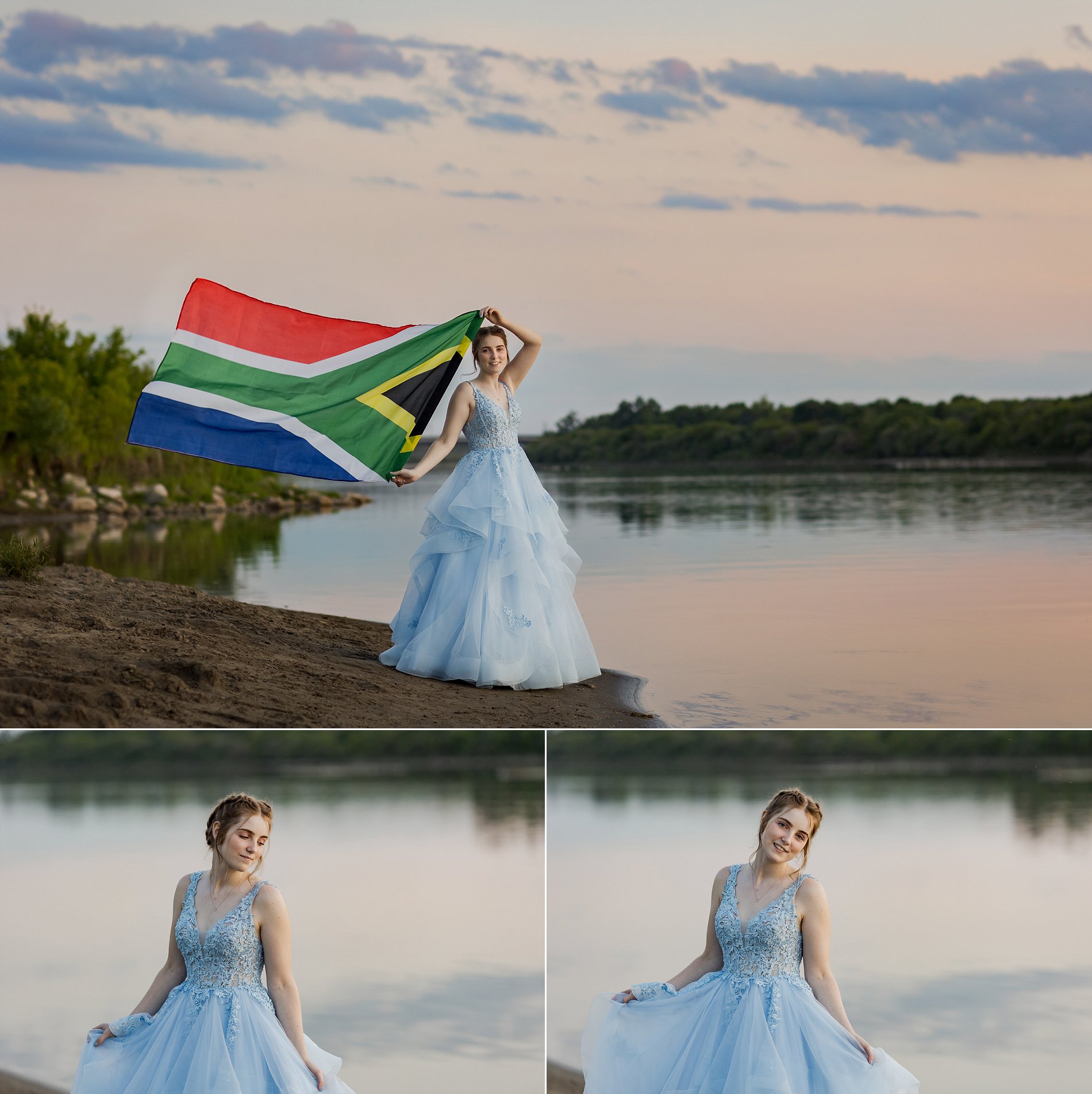 Holy Cross High School graduation photos on the riverbank at sunset in downtown Saskatoon with a South African flag.