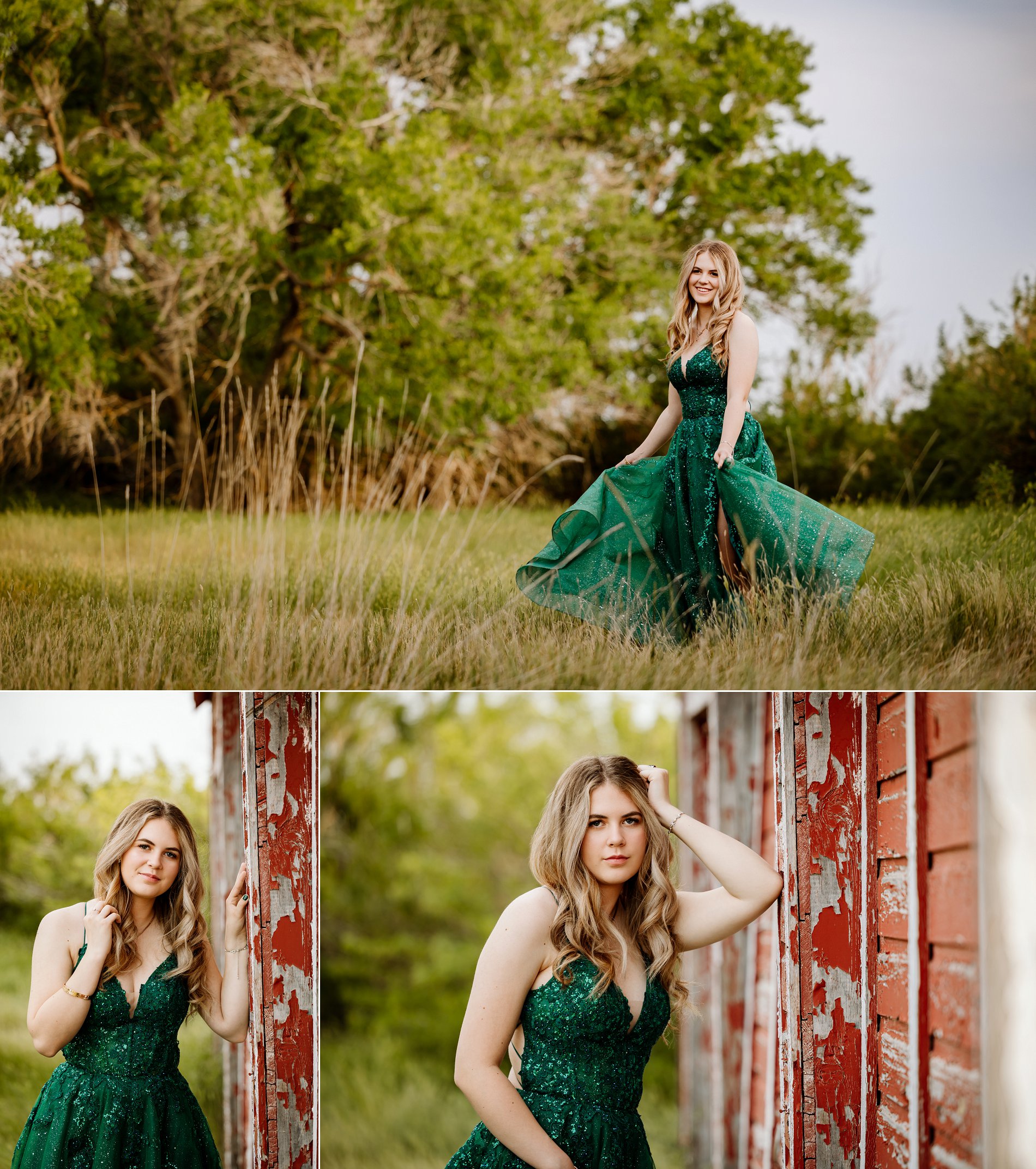 High school girl in green dress dances in a field of grass and leans on an old red barn at the family farm in rural Saskatchewan.