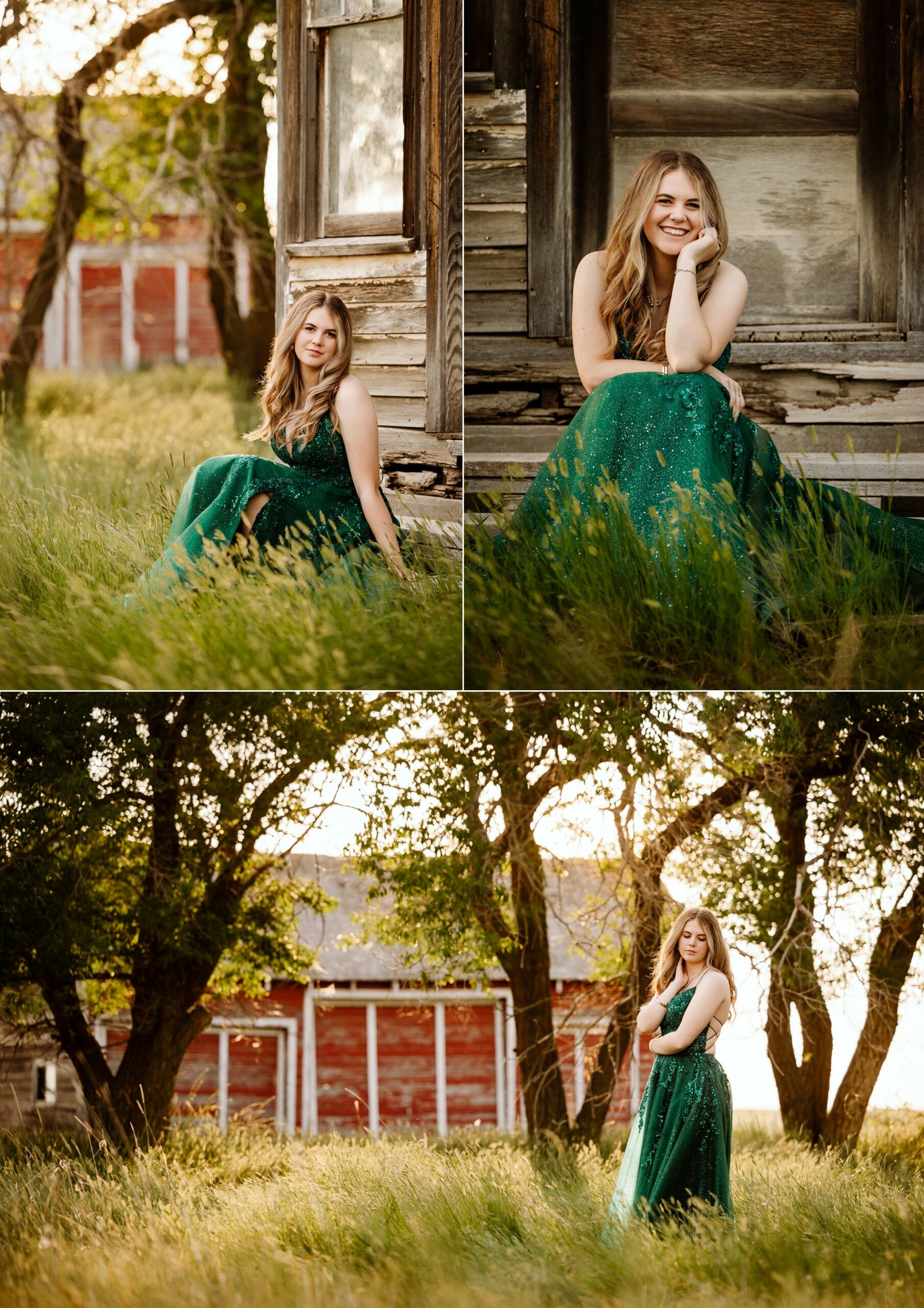 Graduation photos with abandoned buildings in a rural area at golden hour.