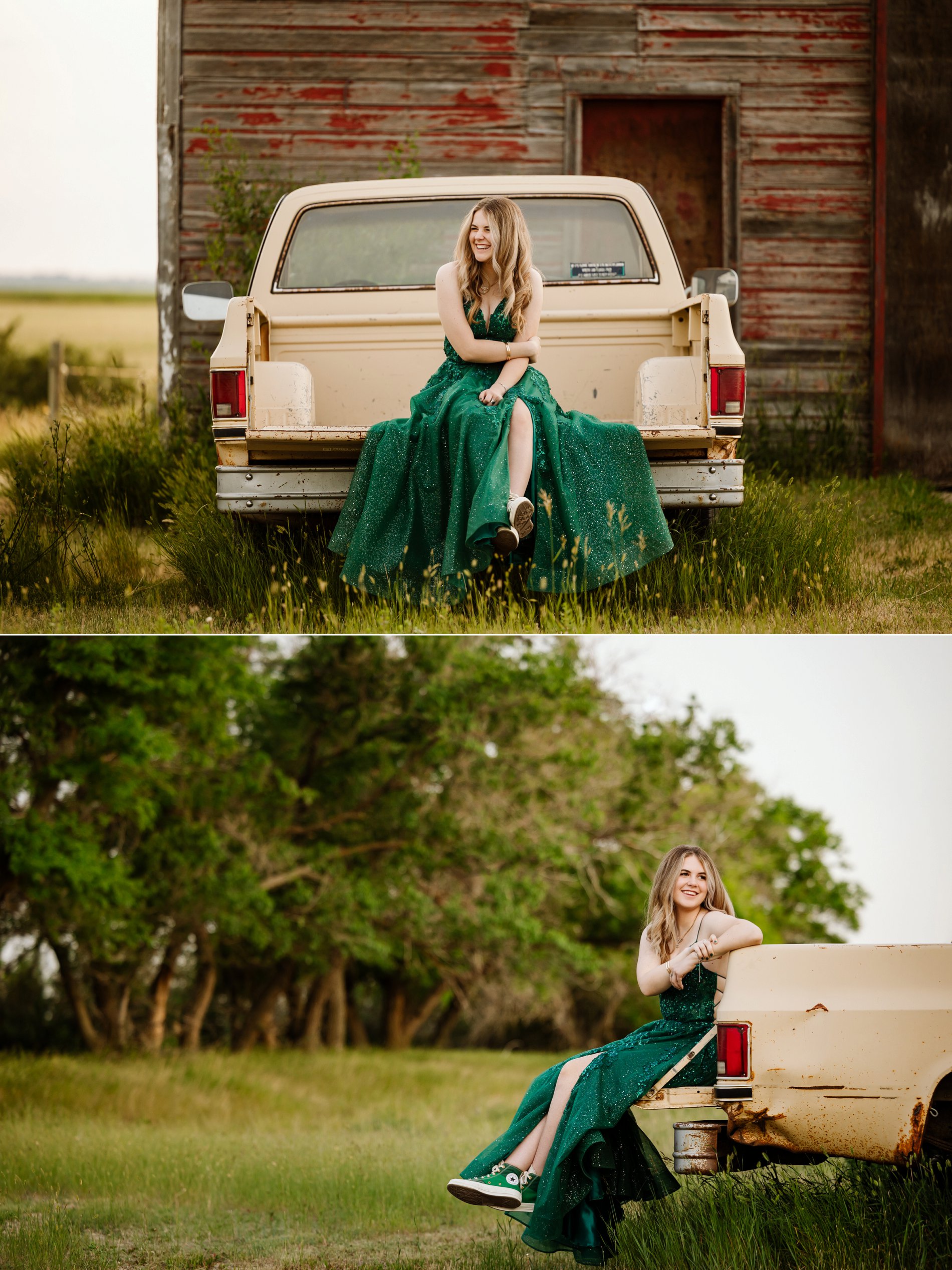 LCBI graduation photos on the family farm, with an old red barn and a vintage truck.