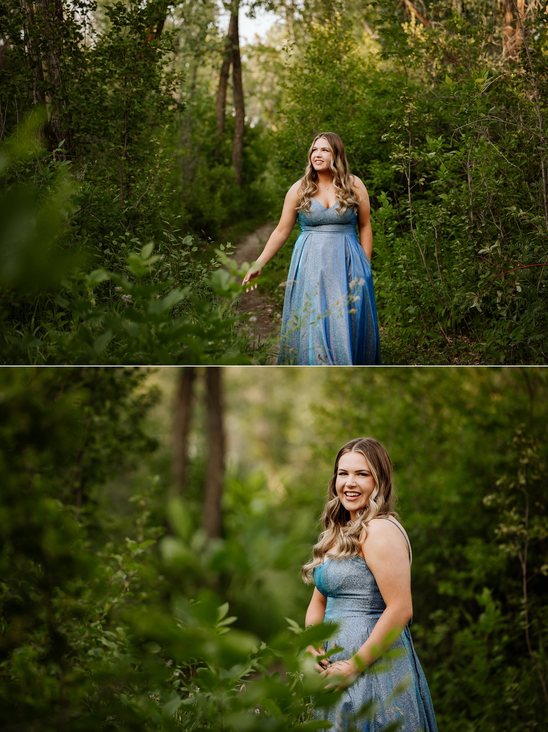 Aden Bowman graduate walks through the forest in a sparkling blue dress.