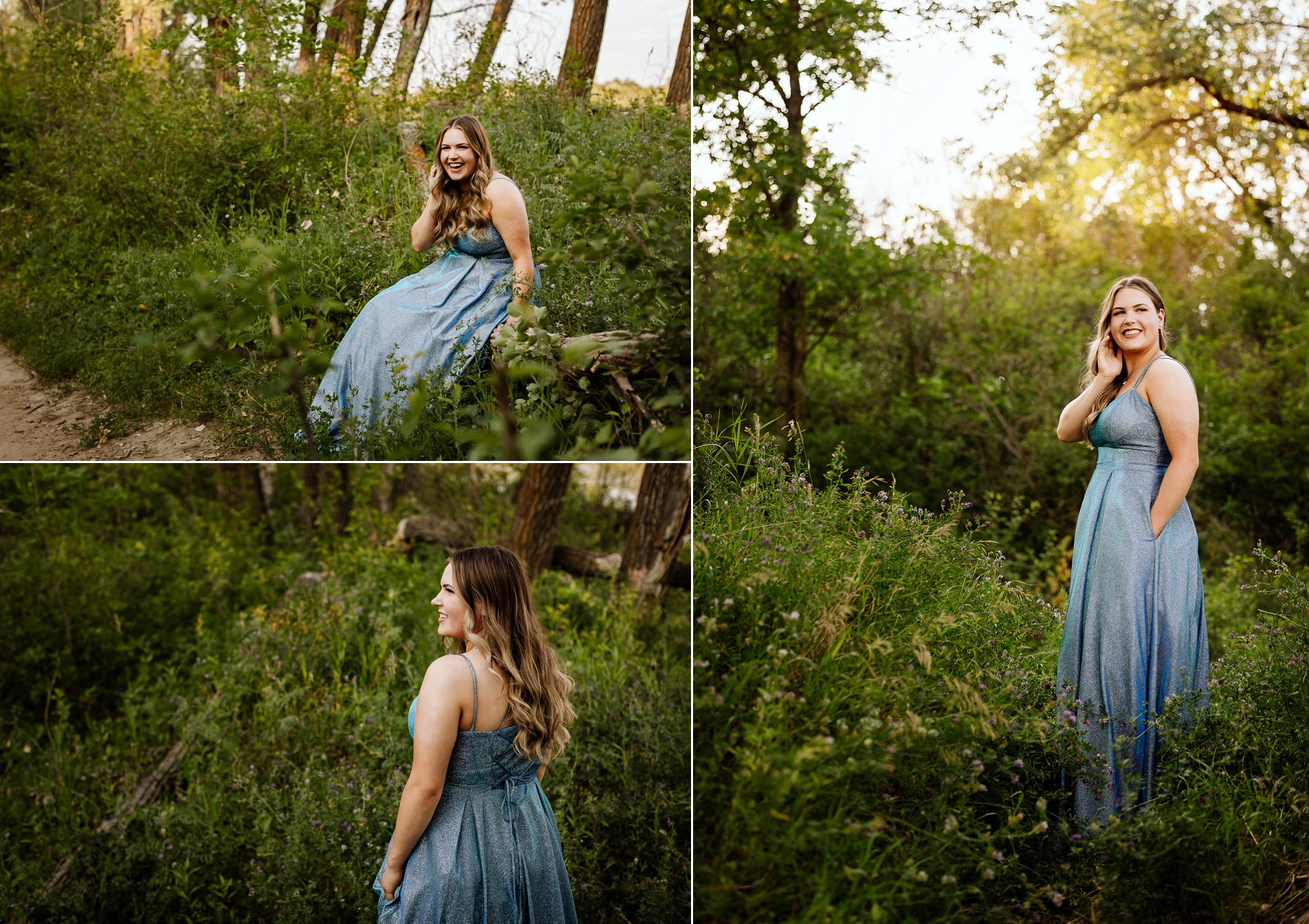 Aden Bowman graduate poses for grad photos in the forest in a blue dress.