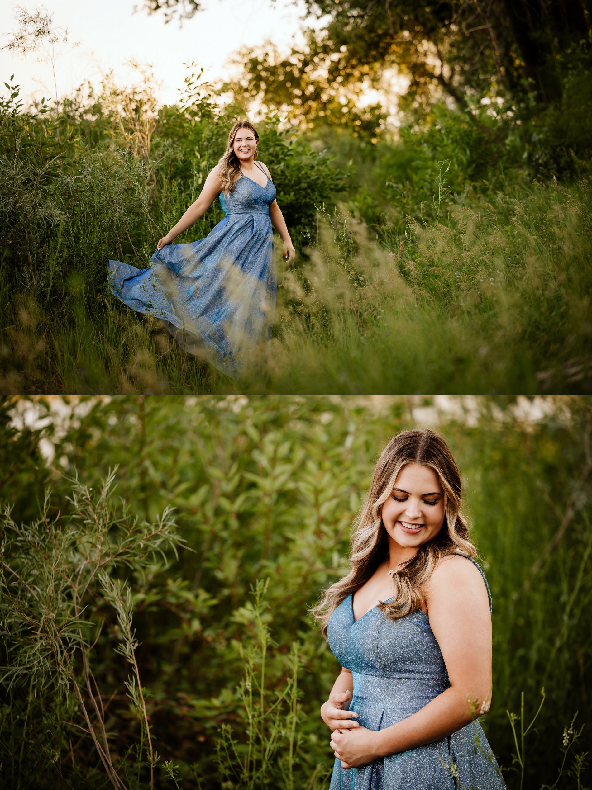 High school graduate poses for her photo session at golden hour in the forest near the river.