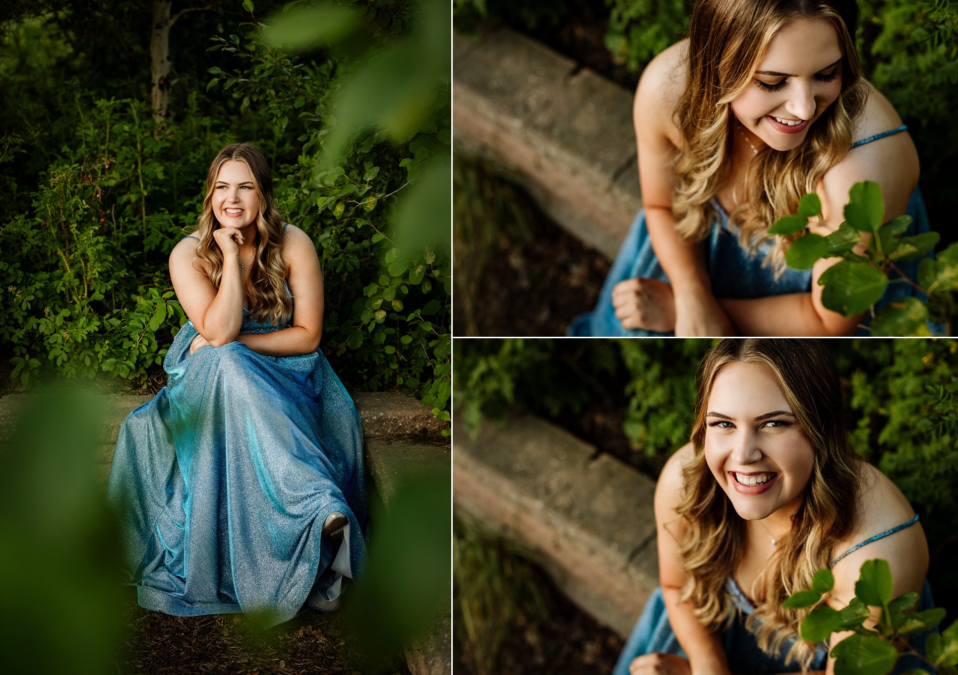High school graduate in a long blue dress sits on a brick wall surrounded by greenery in Saskatoon.