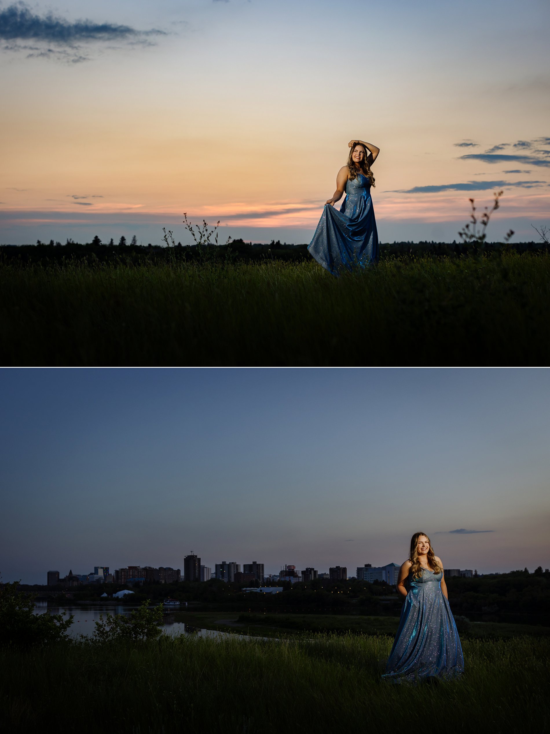 A high school grad stands on the riverbank in front of the Saskatoon skyline at sunset.