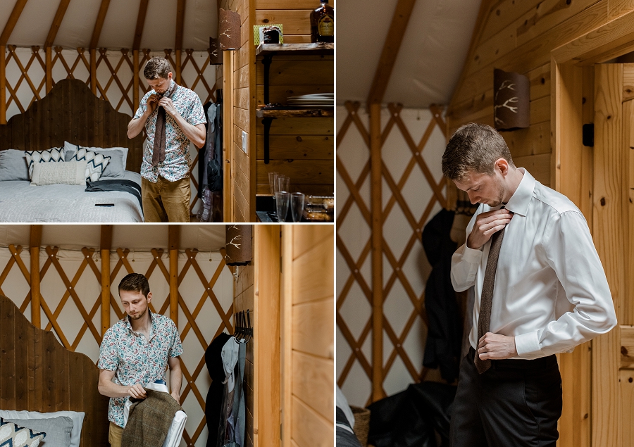 groom getting ready in a yurt