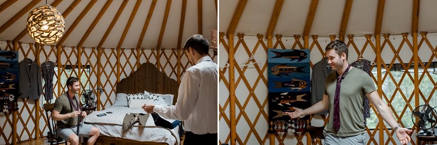 groomsman preparing for a wedding in a yurt