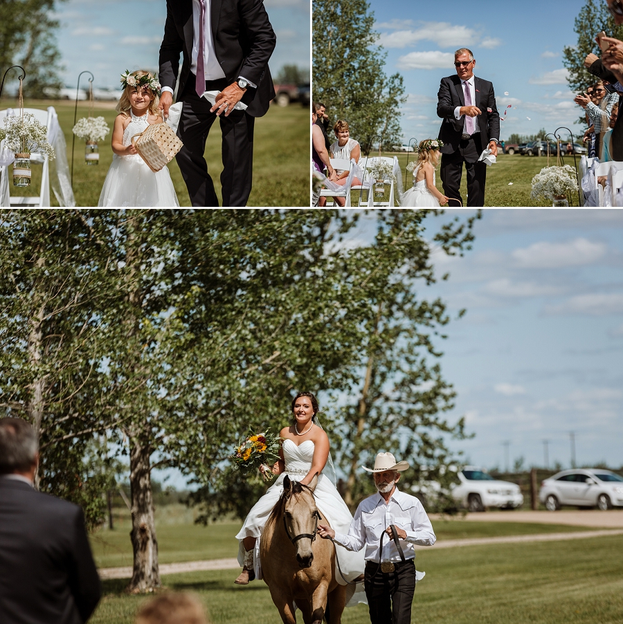 bride arriving at ceremony on horseback