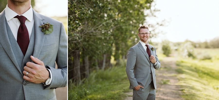 groom in gray suit and burgundy tie