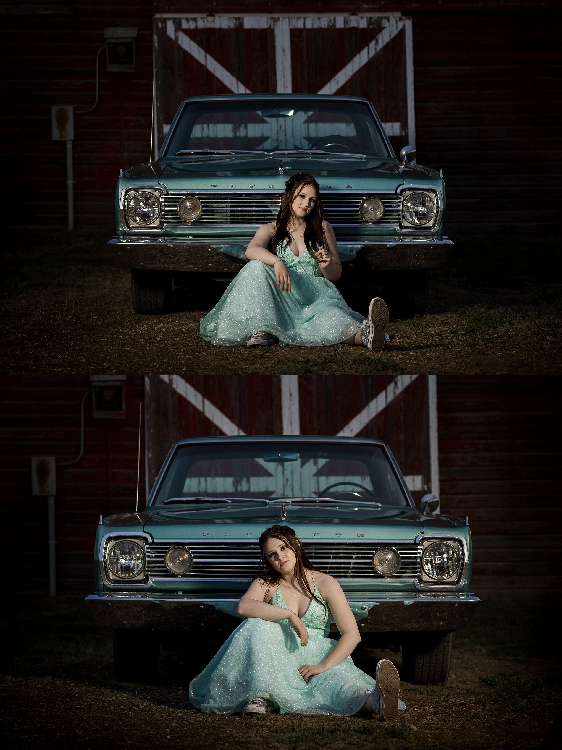 Saskatoon high school graduate sits in front of a teal 1966 Plymouth Satellite that matches her grad dress.