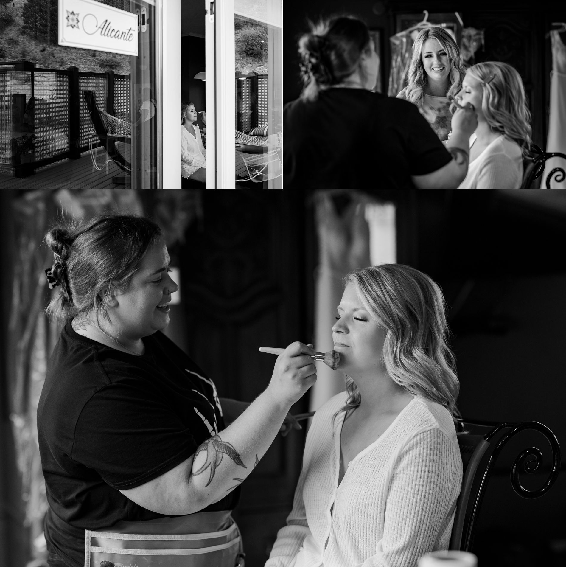 black and white images of bride getting ready at la casa mirador in fintry bc