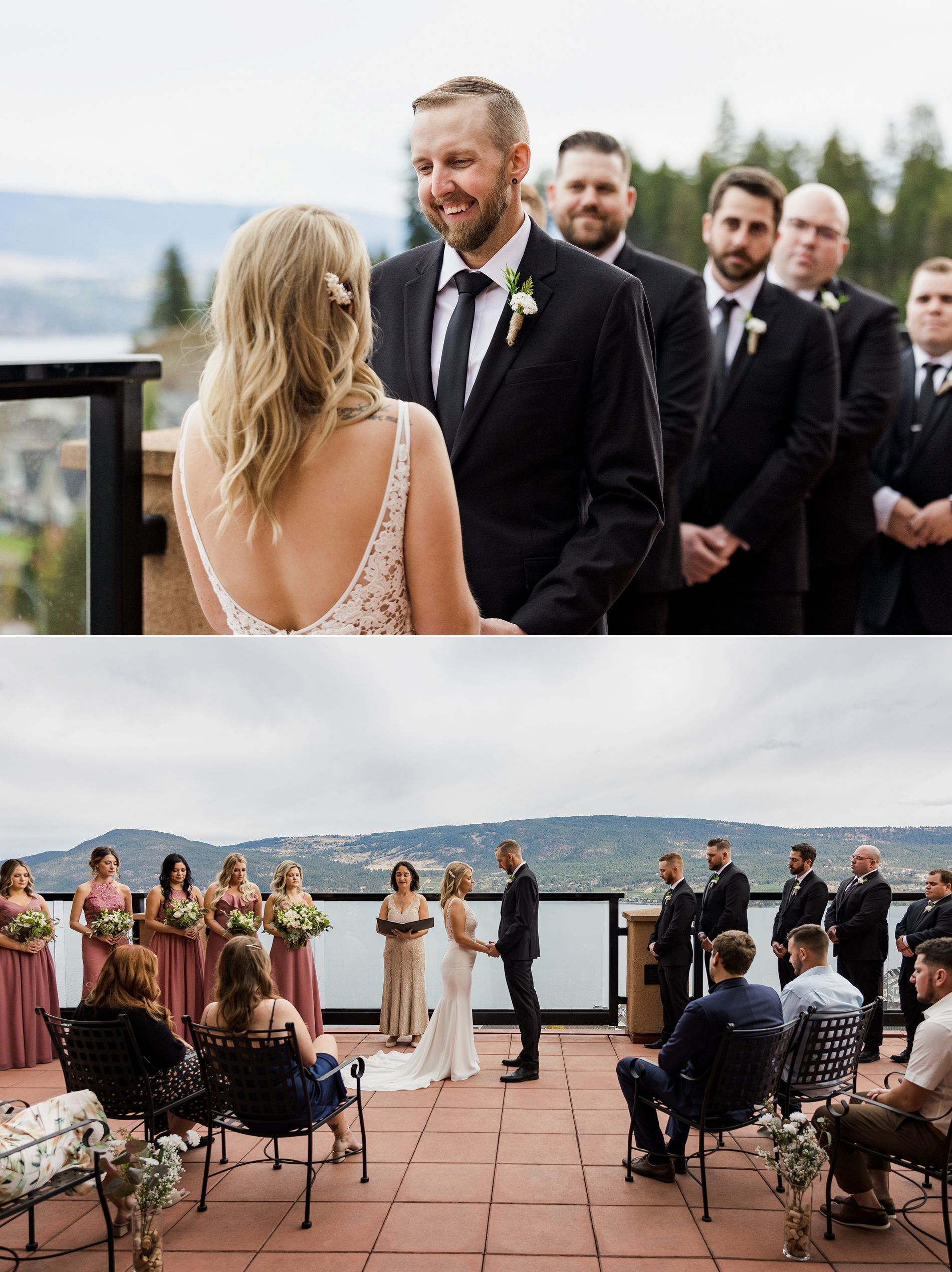 wedding ceremony on the terrace at la casa mirador overlooking okanagan lake