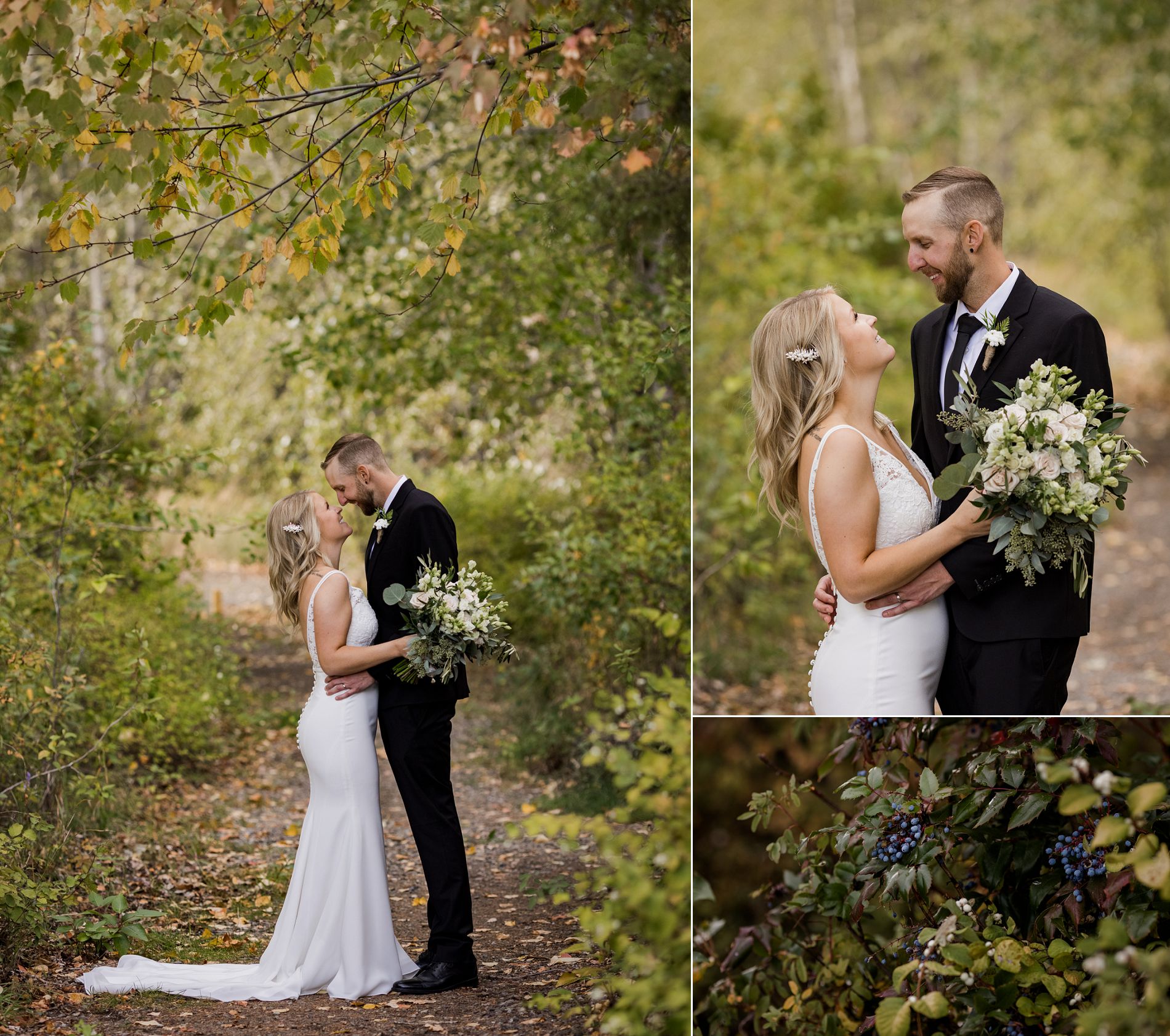 bride and groom photos at fintry provincial park in autumn
